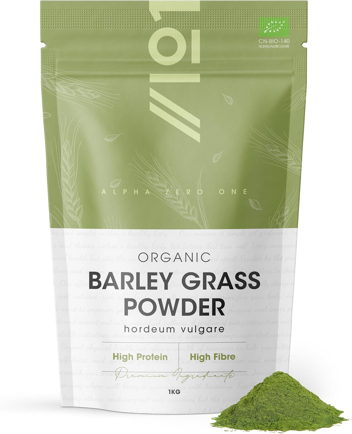 Organic Barley Grass Powder 1kg – Rich in Amino Acids – Resealable and Recyclable Pouch by Alpha01