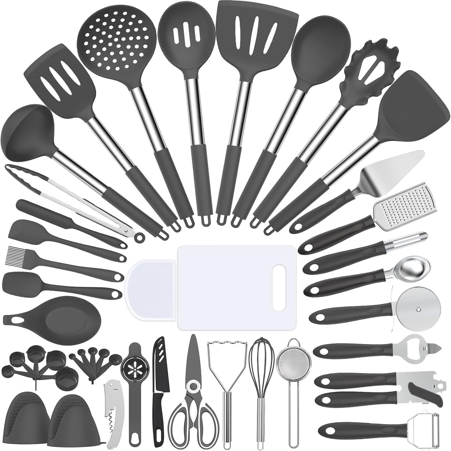 Umite Chef Silicone Cooking Utensil Set, 43 PCS Heat Resistant Kitchen Utensil Gadgets Set-Stainless Steel Handle- Kitchen Spatula Tools for Nonstick Cookware, Pots and Pans Accessories(Grey)
