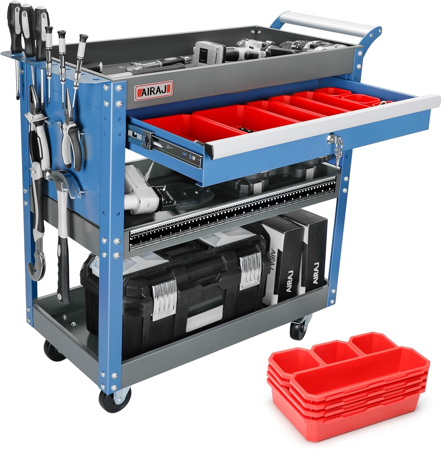 AIRAJ 3 Tier Rolling Tool Cart on Wheels | Mechanic Tool Cart with Drawers | Utility Carts for Garage,Repair Room,Warehouse Workshop | Work Carts with Hooks,Liners,Tray Dividers,Brake | Blue