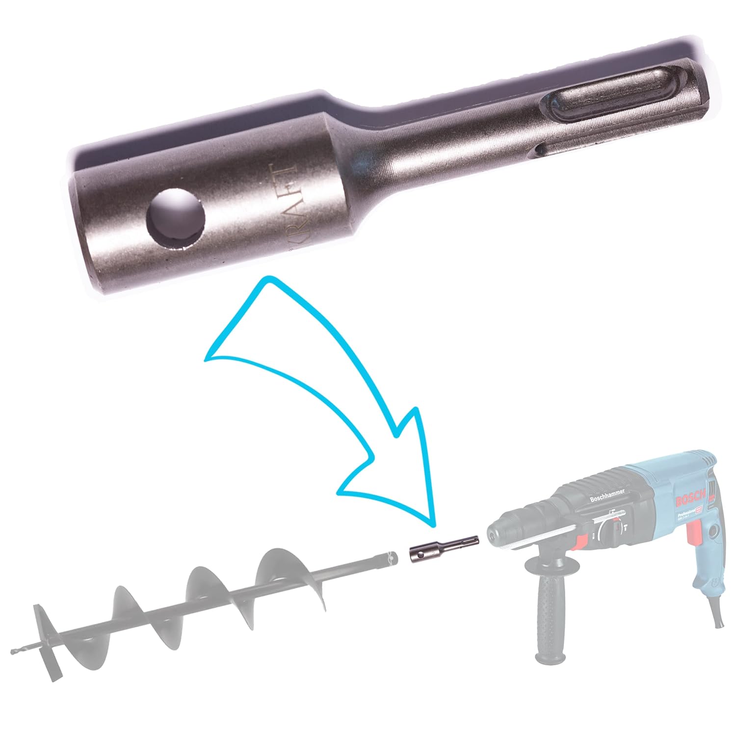 Auger adapter for SDS PLUS (SDS+) hammer drill for post holes, stakes, fencing (adaptor)