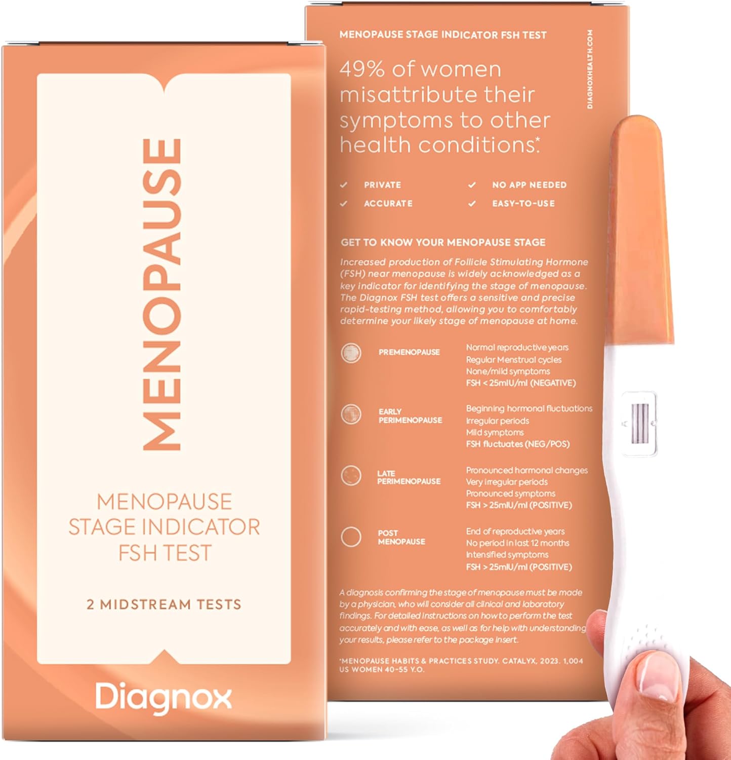 DIAGNOX Menopause Test Kit for Women - 2 Pack Menopause Stage Indicator - Clinical Grade Midstream FSH Test at Home