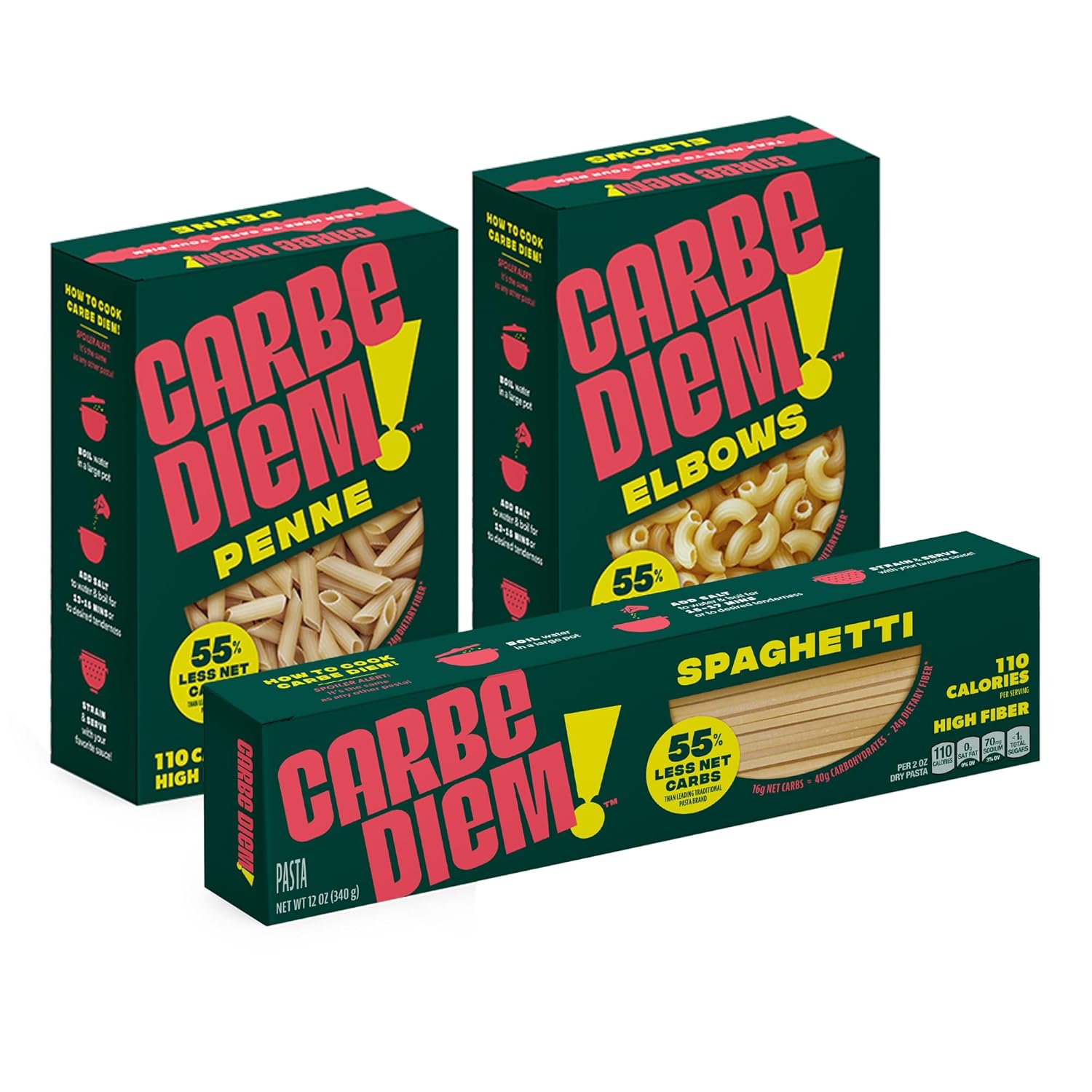 Carbe Diem!, Trio Sampler Pack, Spaghetti, Penne & Elbow, Lower Net Carb Pasta with Traditional Flavor & Texture, 8 grams of Protein, Only 110 Calories Per Serving, Pack of 3