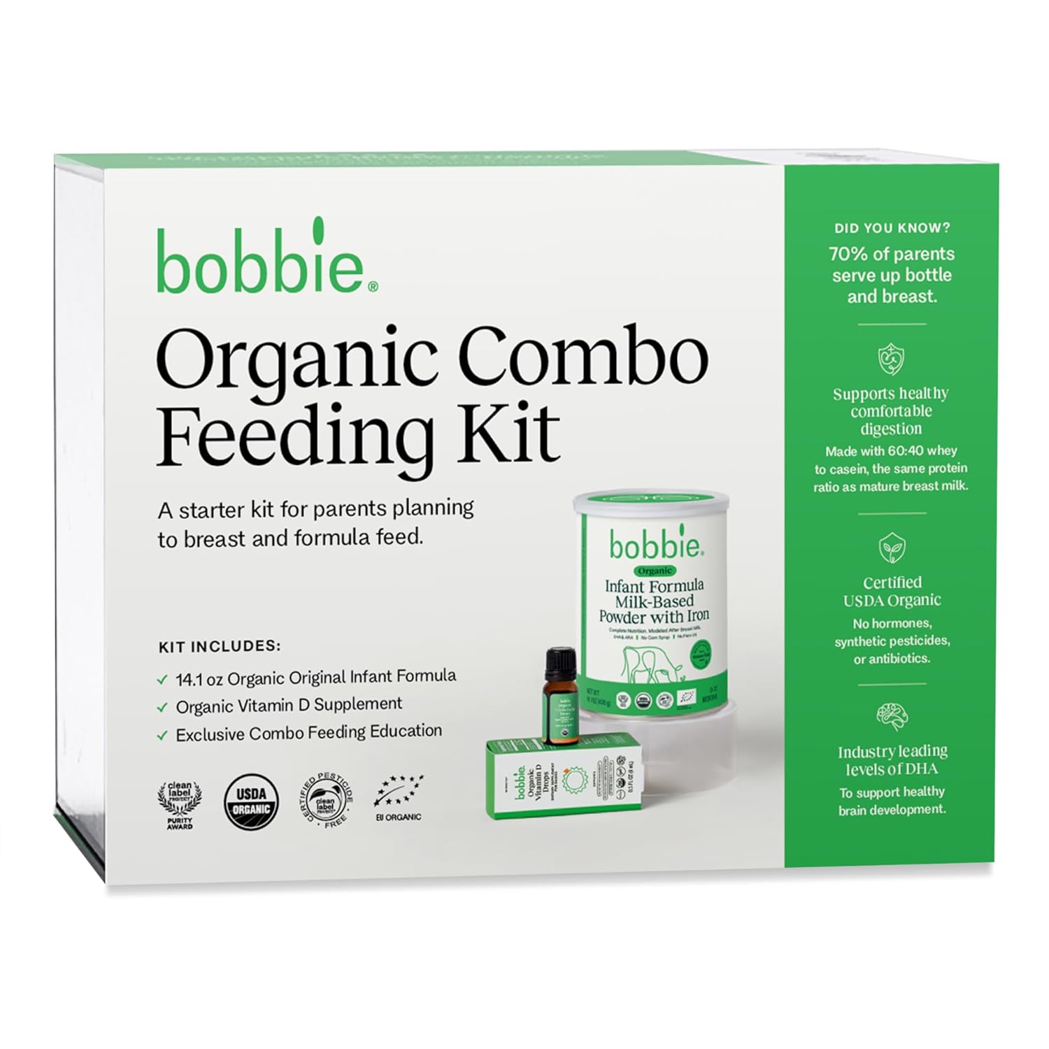 Organic Combo Feeding Kit, Infant Formula, Milk Based Powder with Iron, DHA and Vitamin D & 100% Lactose (14.1 oz), Organic Baby Vitamin D Drops 400 IU (0.3 fl oz) Newborn Baby-12 Months Old