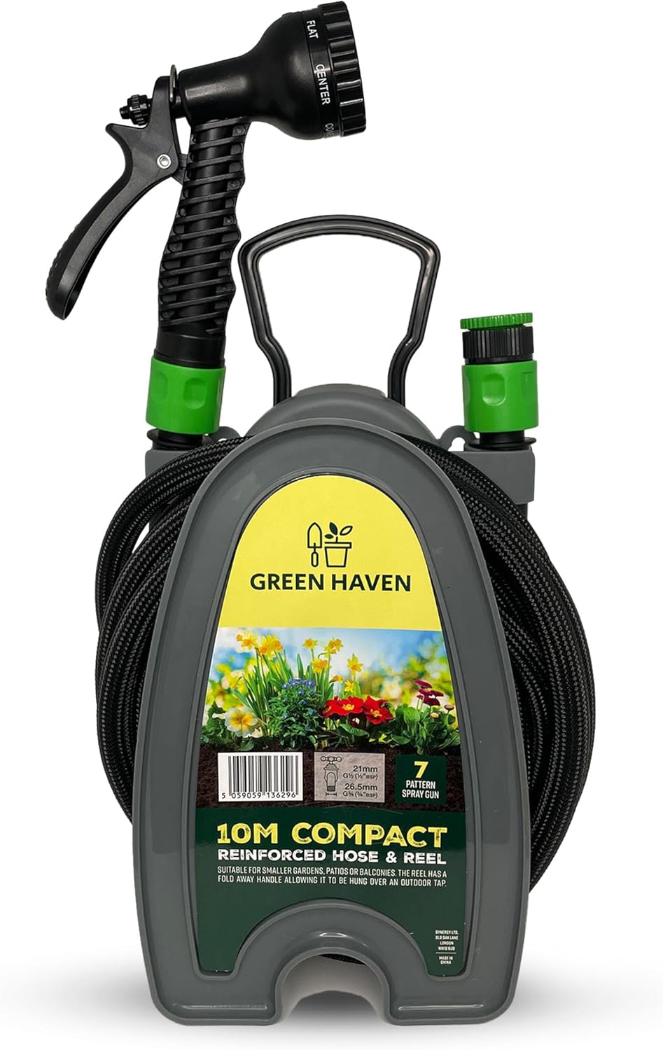 Green Haven Garden Hose Pipe Reel – 10m / 32ft Lightweight Compact Hosepipe with 7-Pattern Spray Nozzle Gun, Easy Wind Mini Hose Reel for Small Gardens, Balconies & Outdoor Cleaning (Reinforced)