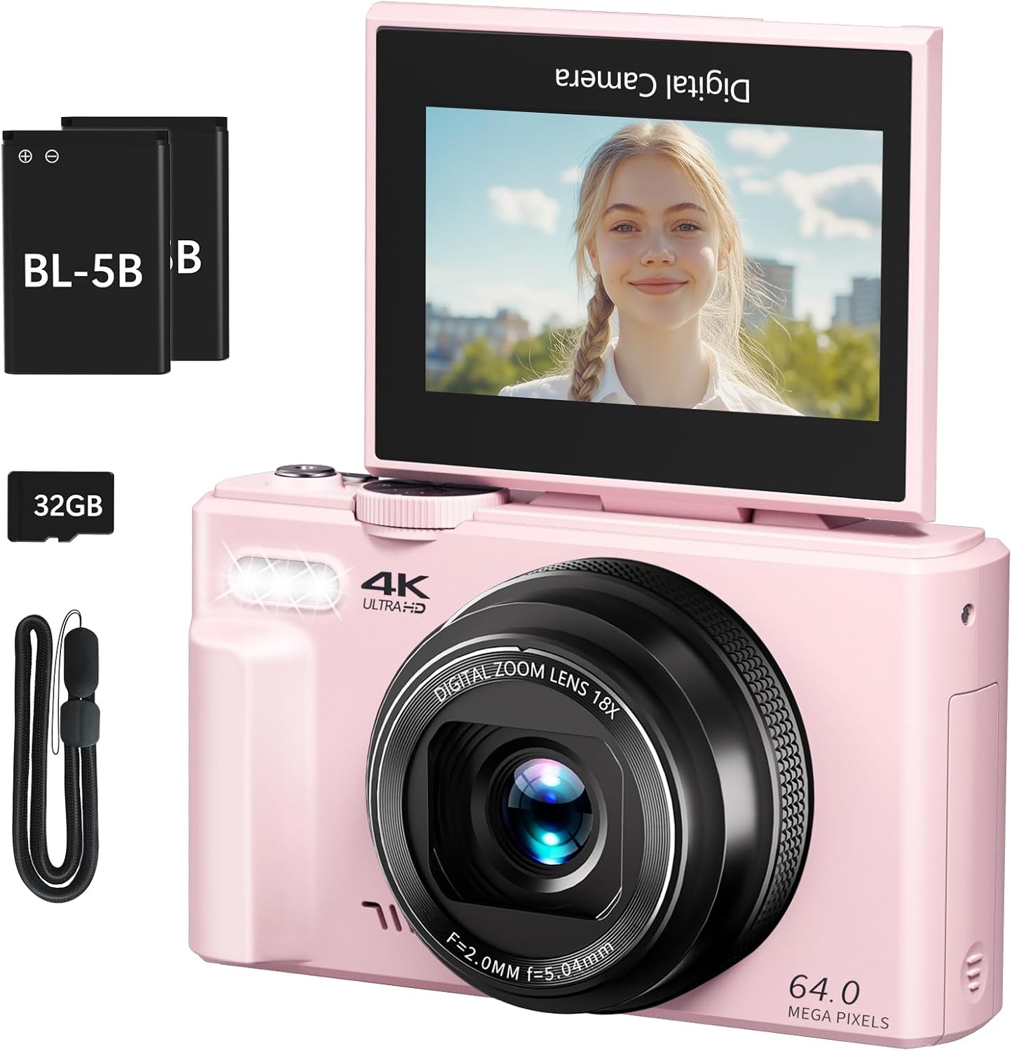 4K Digital Camera for Photography, 64 MP Vlogging Camera for YouTube with 3-Inch 180° Folding Display, 18x Zoom, Remote Trigger