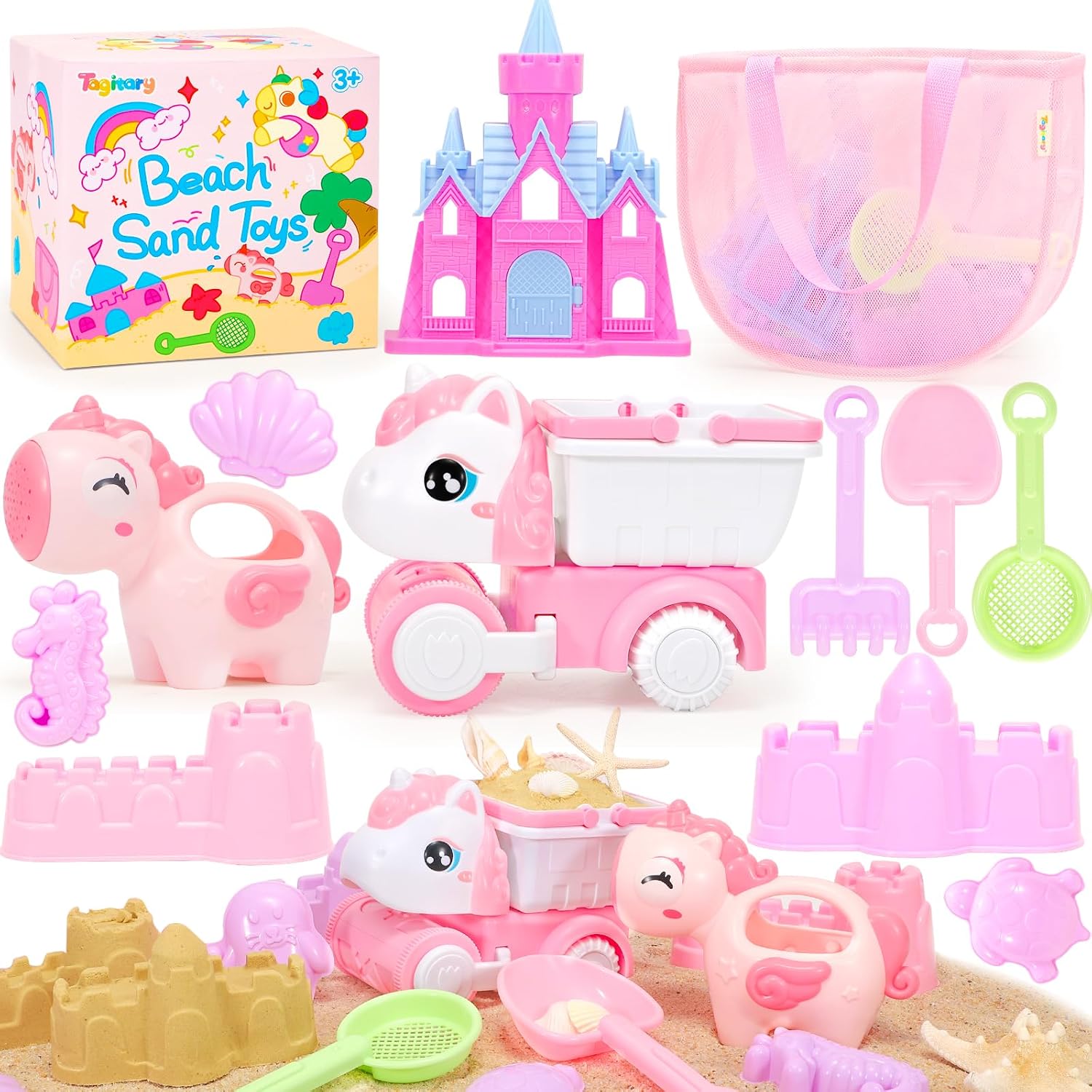 Tagitary Beach Toy Unicorn Sand Toys for Kids,Sand Castle Toys for Beach with Mesh Bag,Sand Shovels,Castle Sand Kits,Sifters,Unicorn Watering Can and Truck,Beach Essential Outdoor Toys for Kids