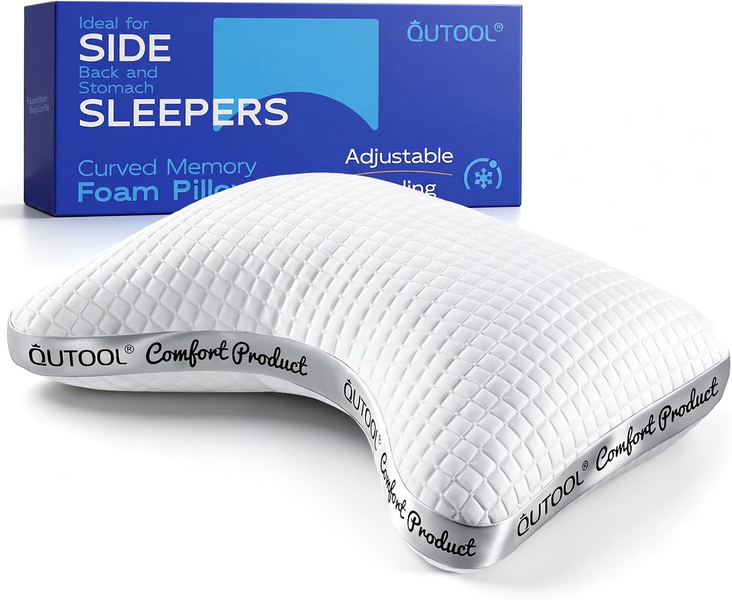 QUTOOL Cooling Crescent Side Sleeper Pillow, Adjustable Loft, Standard Size