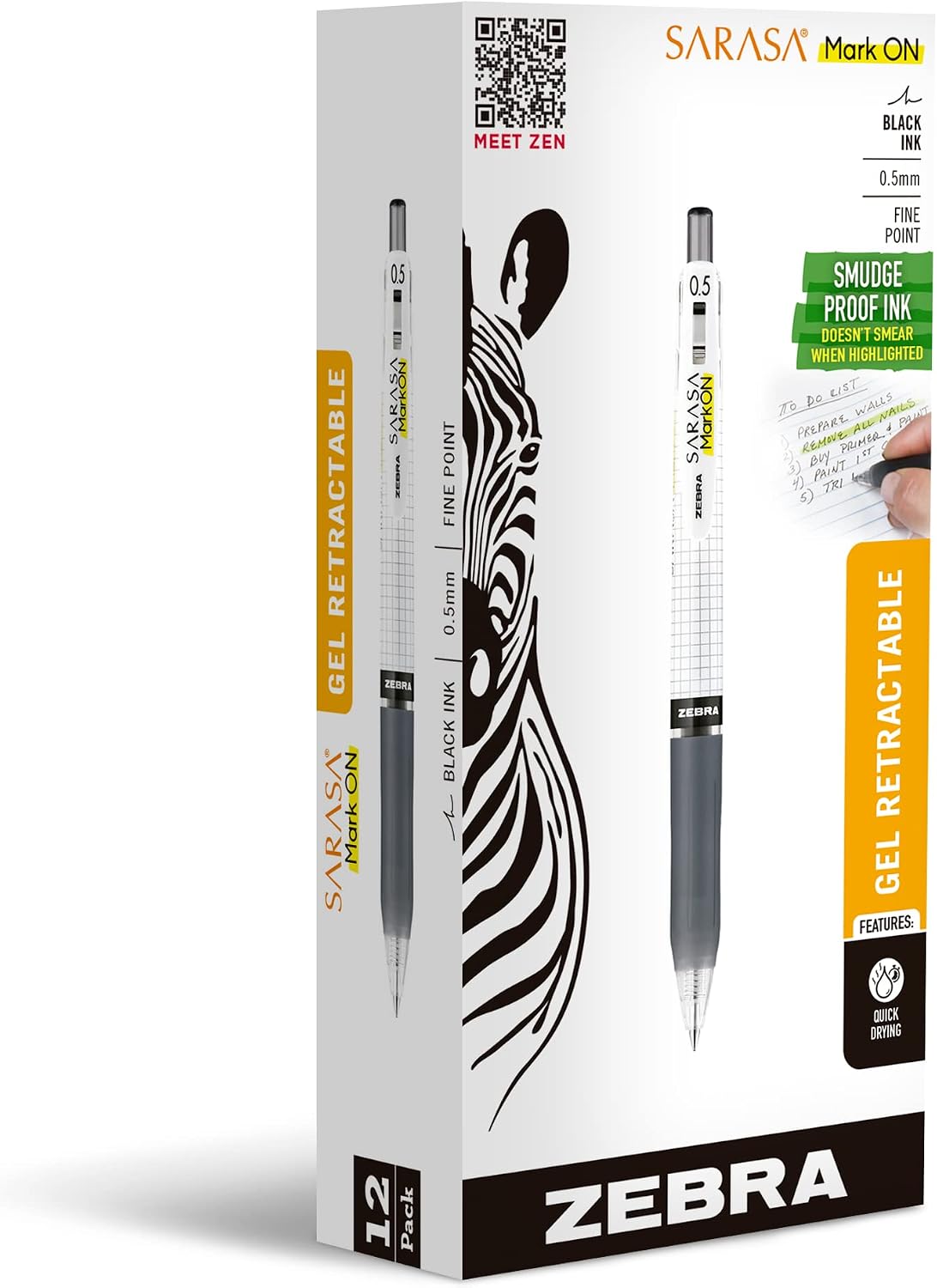 Zebra Pen Sarasa Mark ON Gel Pen, 0.5mm Fine Point, Retractable Black Ink, Smear-Resistant Ink for Highlighting, Expandable Clip, Ideal for Note-Taking, 12-Pack (48410upc)