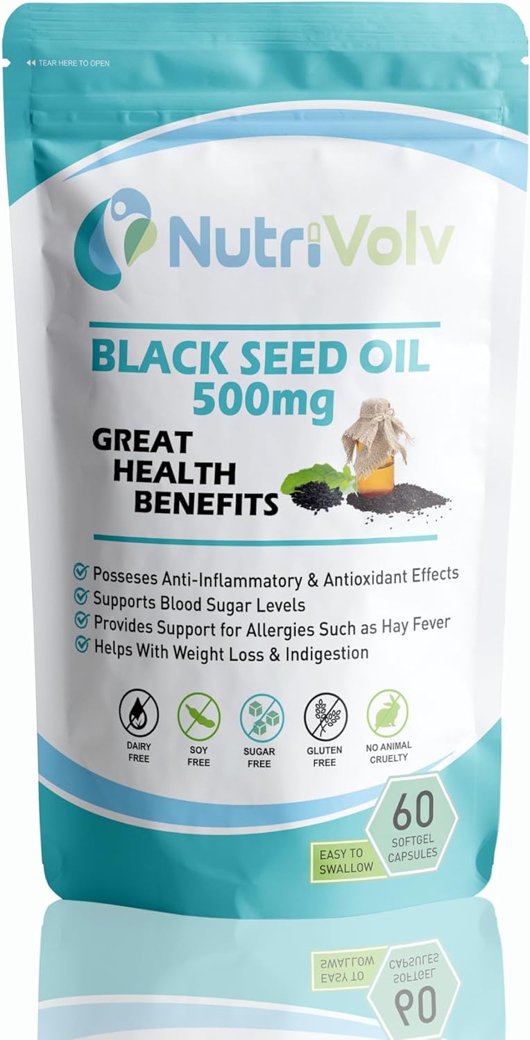 Nutrivolv Black Seed Oil 500mg | 60 Vegan Softgels | Pure Cold-Pressed Nigella Sativa Seeds | Thymoquinone | Antioxidants | Immune Support | Skin & Hair Health | Joint & Heart Health