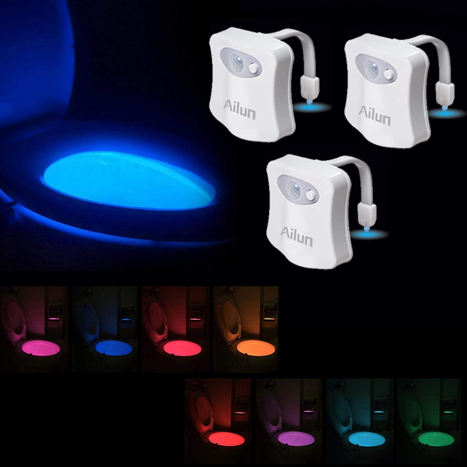 Ailun Toilet Night Light Motion Activated LED Light 8 Colors Changing