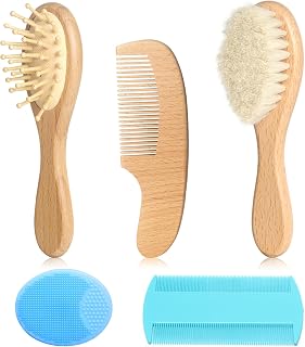 Wooden Natural Goat Bristle Brush and Cradle Cap Comb Set - 5 in 1 Baby Grooming Kit for Newborns, Toddlers, Boys, and Girls (Blue)