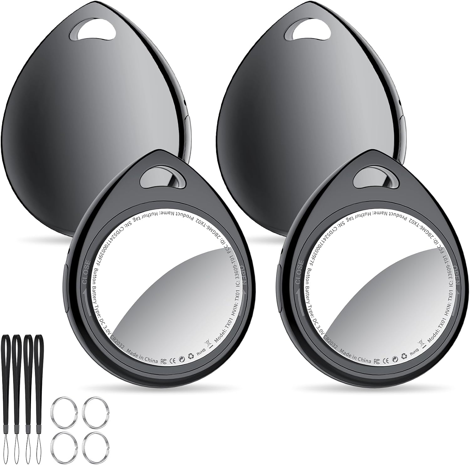 QCOQ® Air Locator Tags 4 Pack Black, Smart Bluetooth Tags Compatible with Apple Find My (iOS Only), Item Tracker with Keychain/Lanyard for Keys, Wallets, Luggage, Suitcases, Up to 100dB