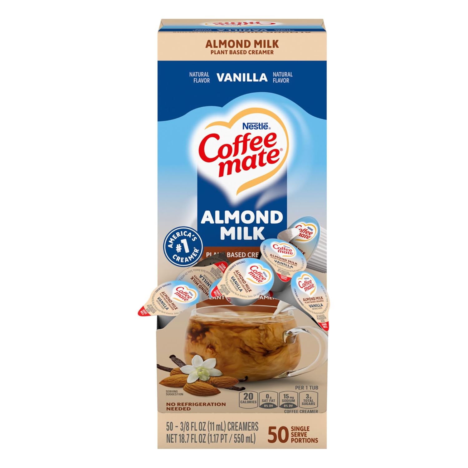Coffee mate Almond Milk Vanilla Liquid Creamer Singles - Vanilla Almond Milk Flavor - 0.38 fl oz (11 mL) - 50/BoxTub