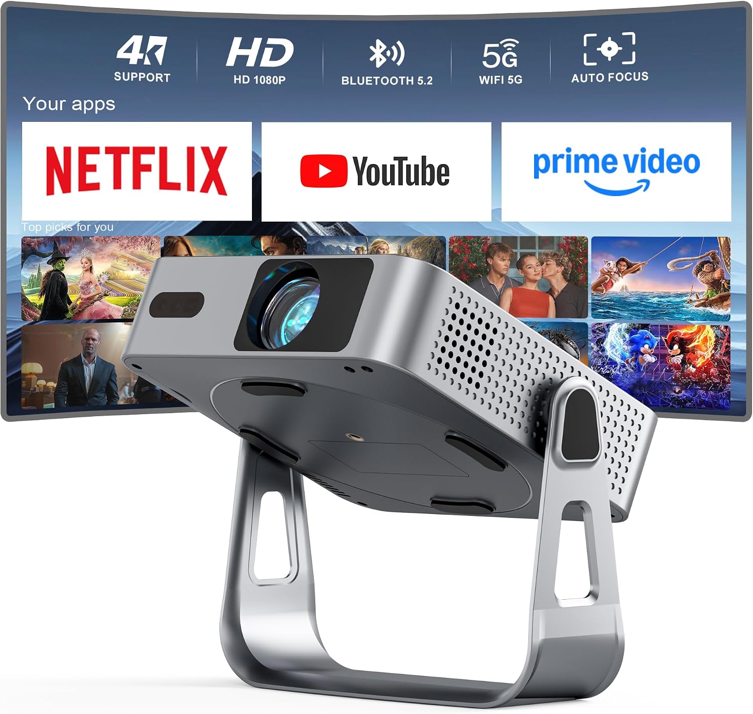 【1800ANSI & Officially-Licensed APP】Smart 4K Projector with WiFi and Bluetooth, VISSPL 3D Dolby Audio and Auto Focus Portable Outdoor Projector, Movie Home Theater Projectors for Bedroom/Ceiling