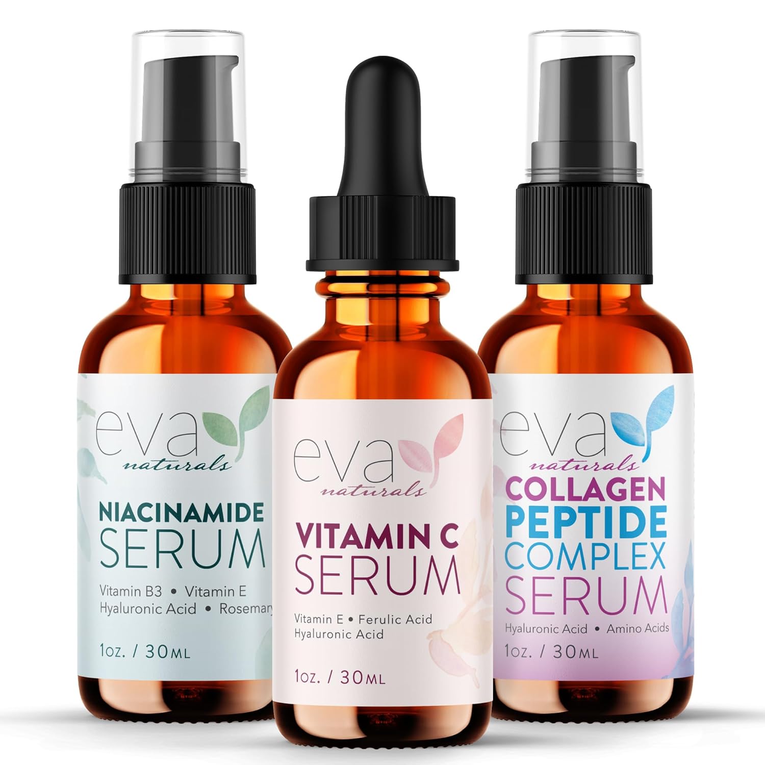 Natural Firm & Glow Skincare Set of 3 – Skin Care Products With 20% Vitamin C Serum, Peptide Complex, Niacinamide Vitamin B3 Serum - Peptides for Face - Face Care by Eva Naturals