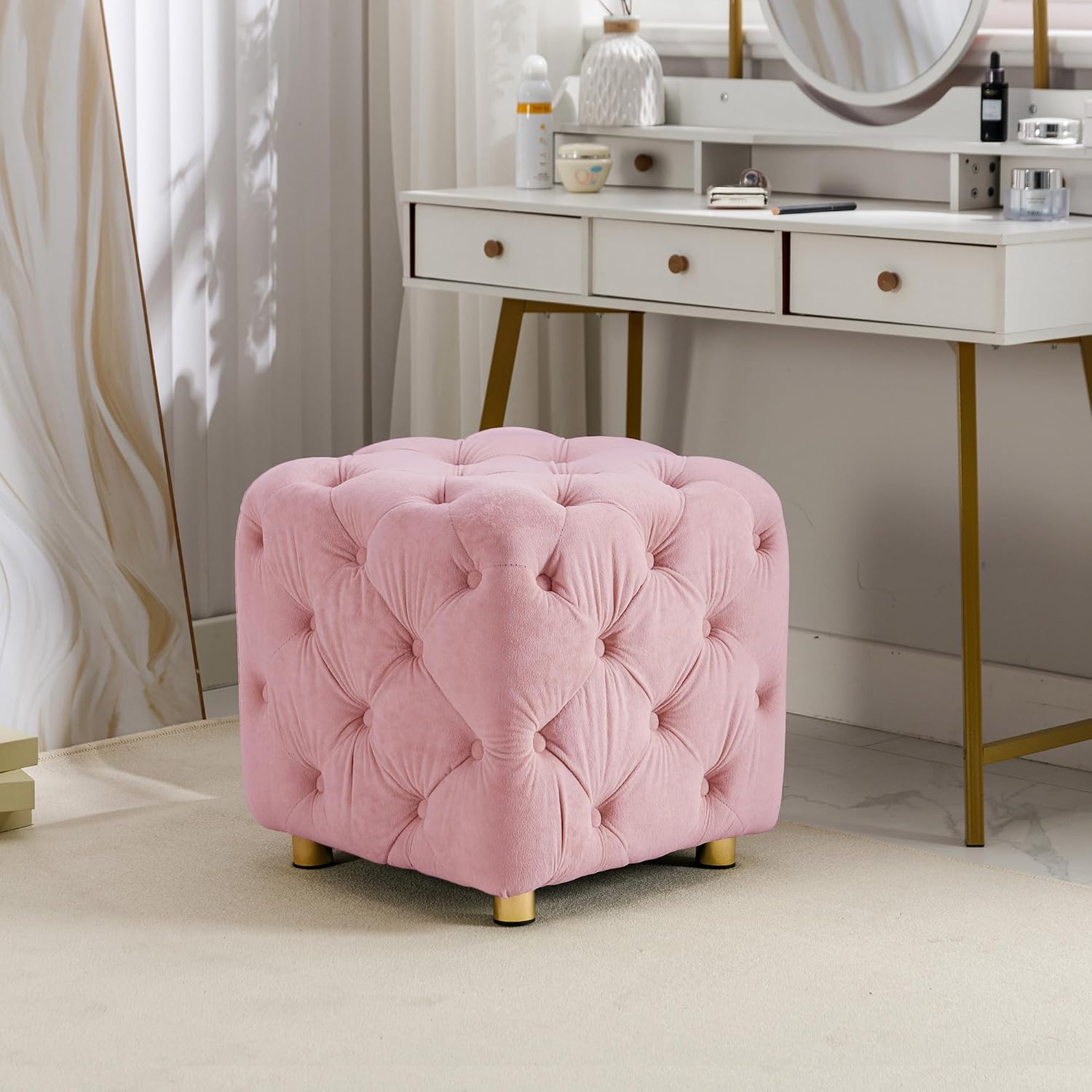 INMOZATA Velvet Square Vanity Chair Small Ottoman Upholstered Shoe Footstool, Modern Accent Chair for Living Room Bedroom Makeup Room,Yellow