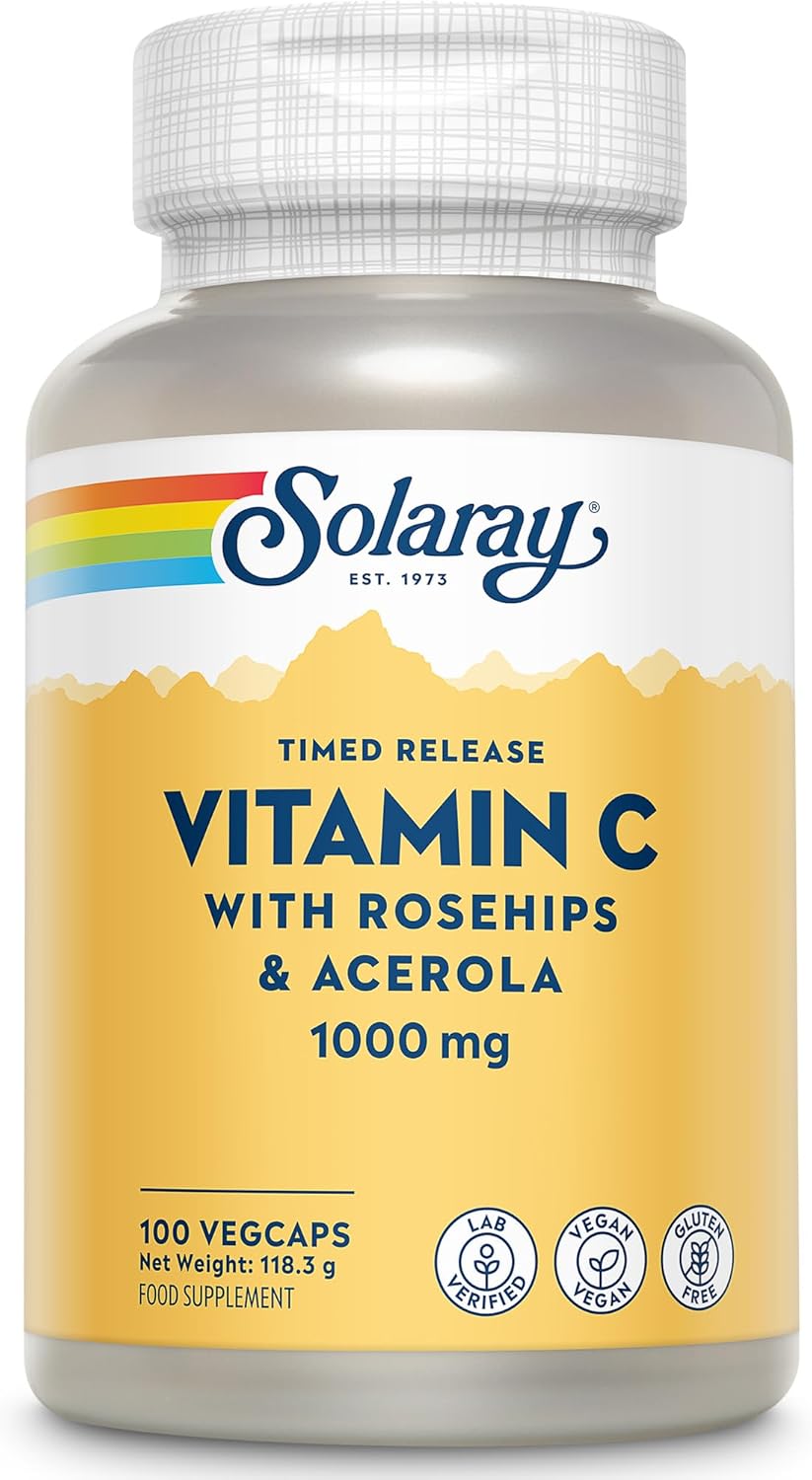 Solaray - Vitamin C 1000mg - 100 Vegan Capsules not Tablets - 3+ Month Supply - High Strength VIT C Supplement with Acerola Cherry and Rosehip - Lab Verified, GMO & Gluten Free