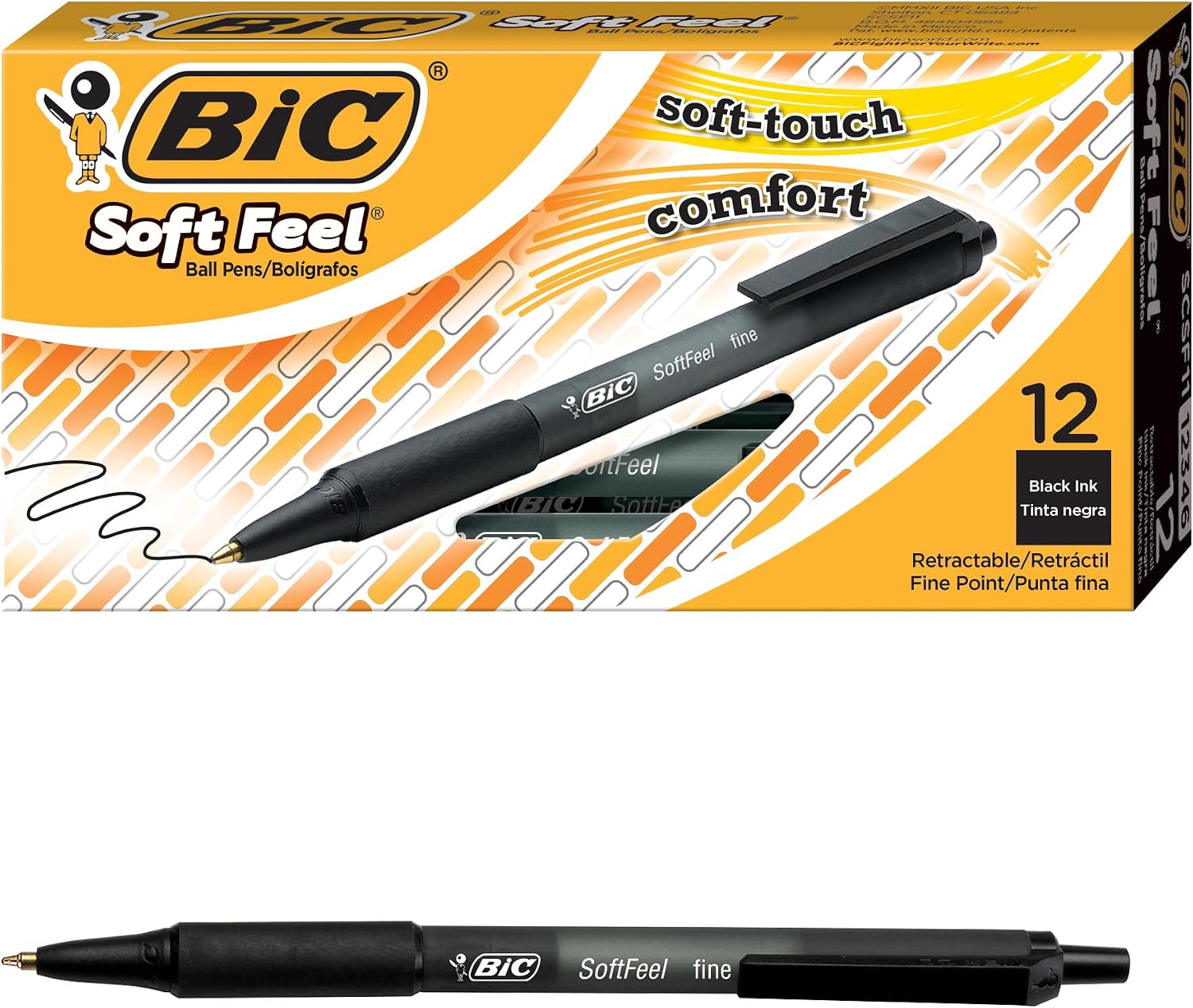 BIC Soft Feel Retractable Ballpoint Pens, Black Ink, Pack of 12