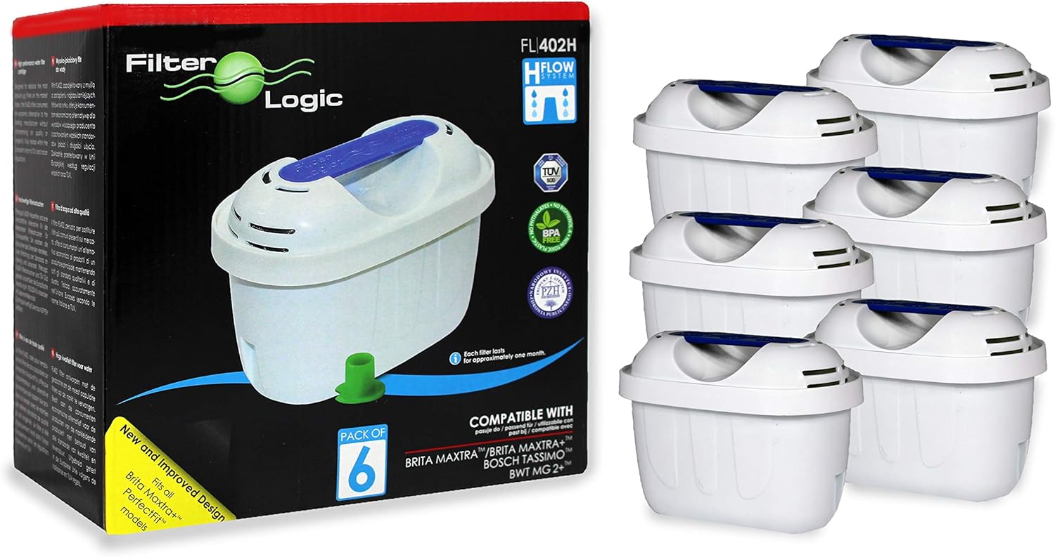 FilterLogic Universal 6 Pack Filter Cartridges Compatible with Brita Maxtra & Plus+ Water Jugs, White, fits -Marella-Elemaris-Bosch Tassimo & Kettles