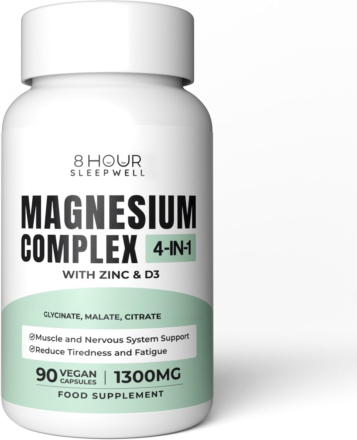 Magnesium Glycinate with Zinc & Vitamin D3 | 4 in 1 Complex | 1300mg Magnesium Supplements (Bisglycinate, Citrate & Malate) | 90 Vegan, Gluten-Free Capsules | High-Strength & Absorption