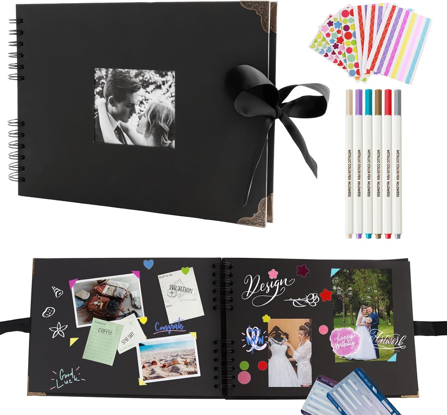 Scrapbook, 80 Pages Large Photo Album Scrapbook Kit with 6 Metallic Marker Pens and 6 Sheets Stickers, Black Memory Book for Anniversary Wedding Travelling 29 x 21.5cm（11.4 x 8.5in）