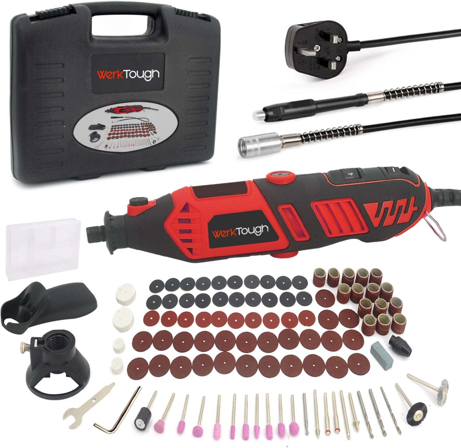 Werktough Big Power Electric Rotary Tool kit 170w,high Speed up to 35000rpm,Innovation Universal Chuck fit for Flex Shaft、Cutting Guide 、 assitant Handle and All Round Versatile Accessories