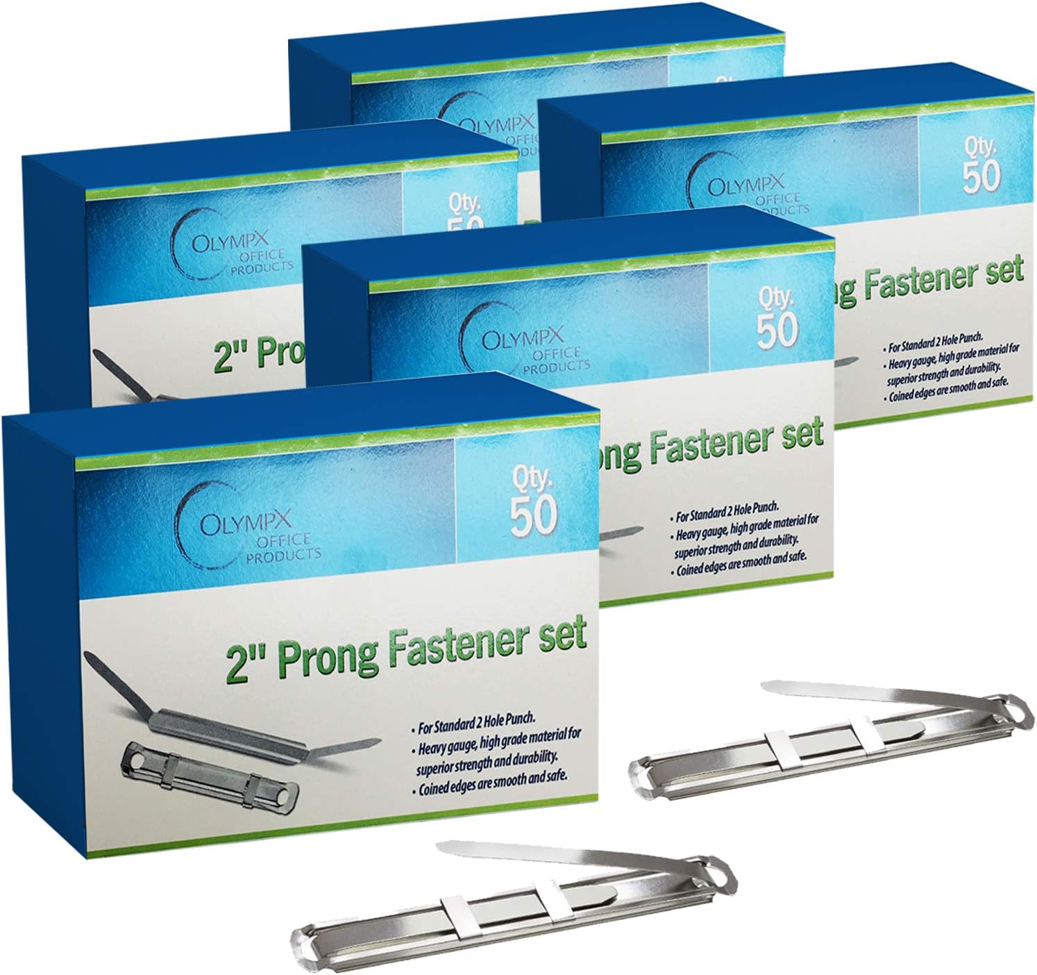 OLYMPX 250 Pcs of 2? Capacity Premium Metal Prong Paper Fastener Complete Set, 2.75 Inch Base with Standard 2-Hole Punch Compressor for Paper File Folder, Pack of 5 Boxes, 50 per Box