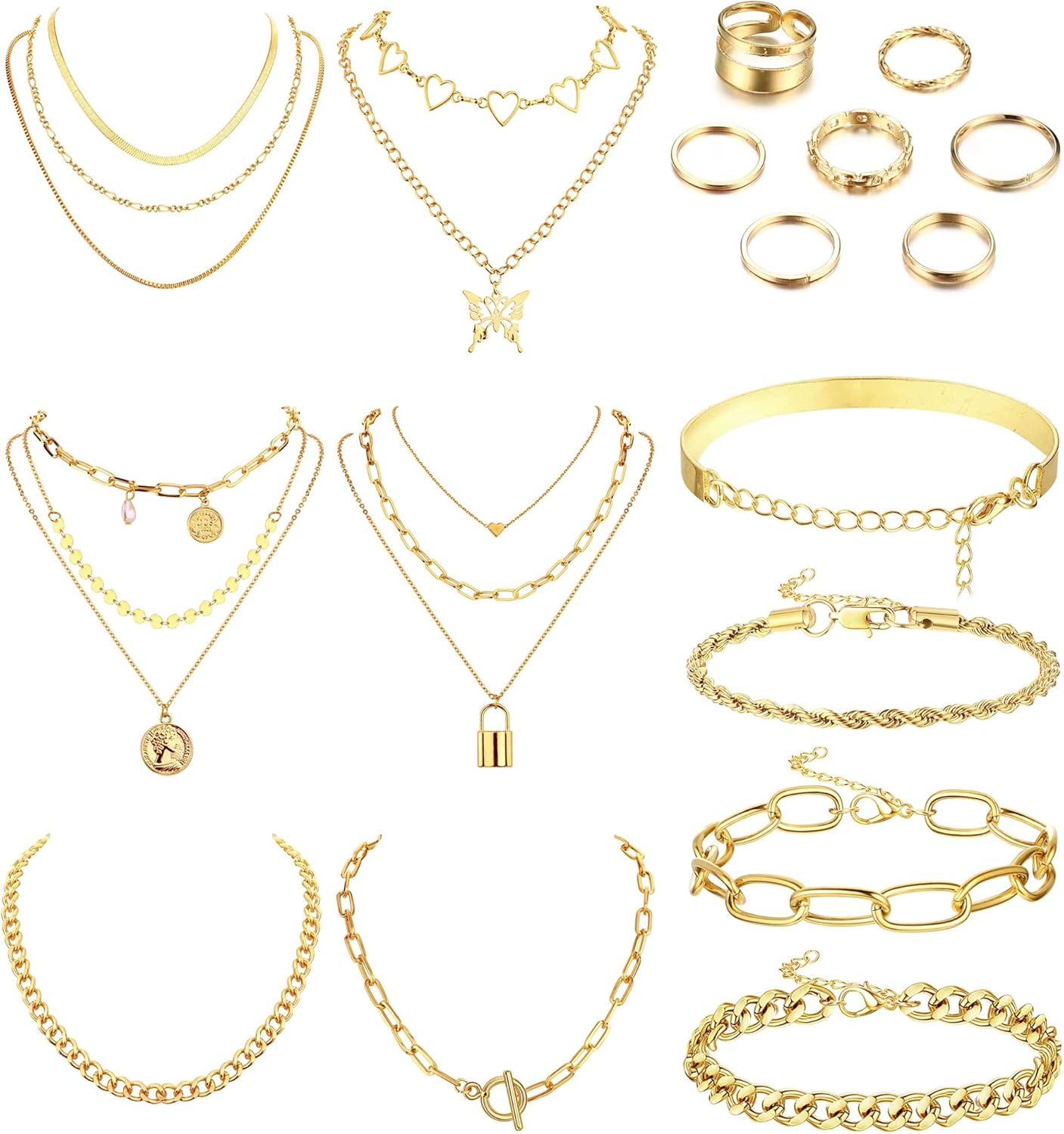 CASSIECA 17Pcs Gold Silver Jewelry Sets for Women Layered Necklaces Chunky Bracelets Knuckle Rings Women Girls Jewerly Accessories Birthday Christmas Anniversary Day Gifts for Her