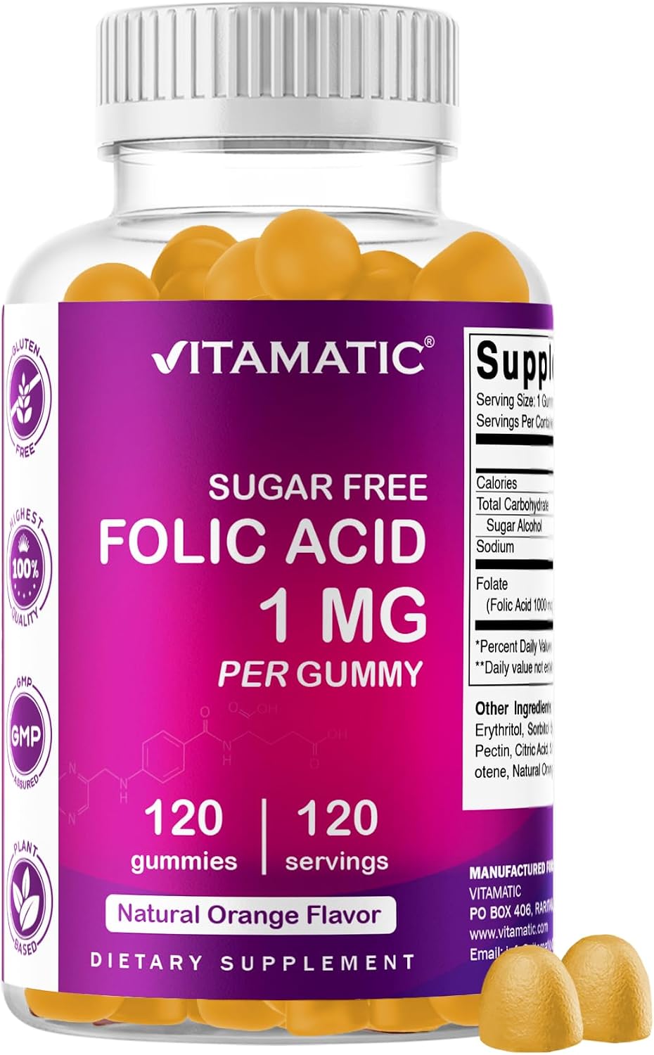 Vitamatic Sugar Free Folic Acid 1 mg Gummies 120 Count Orange Flavor