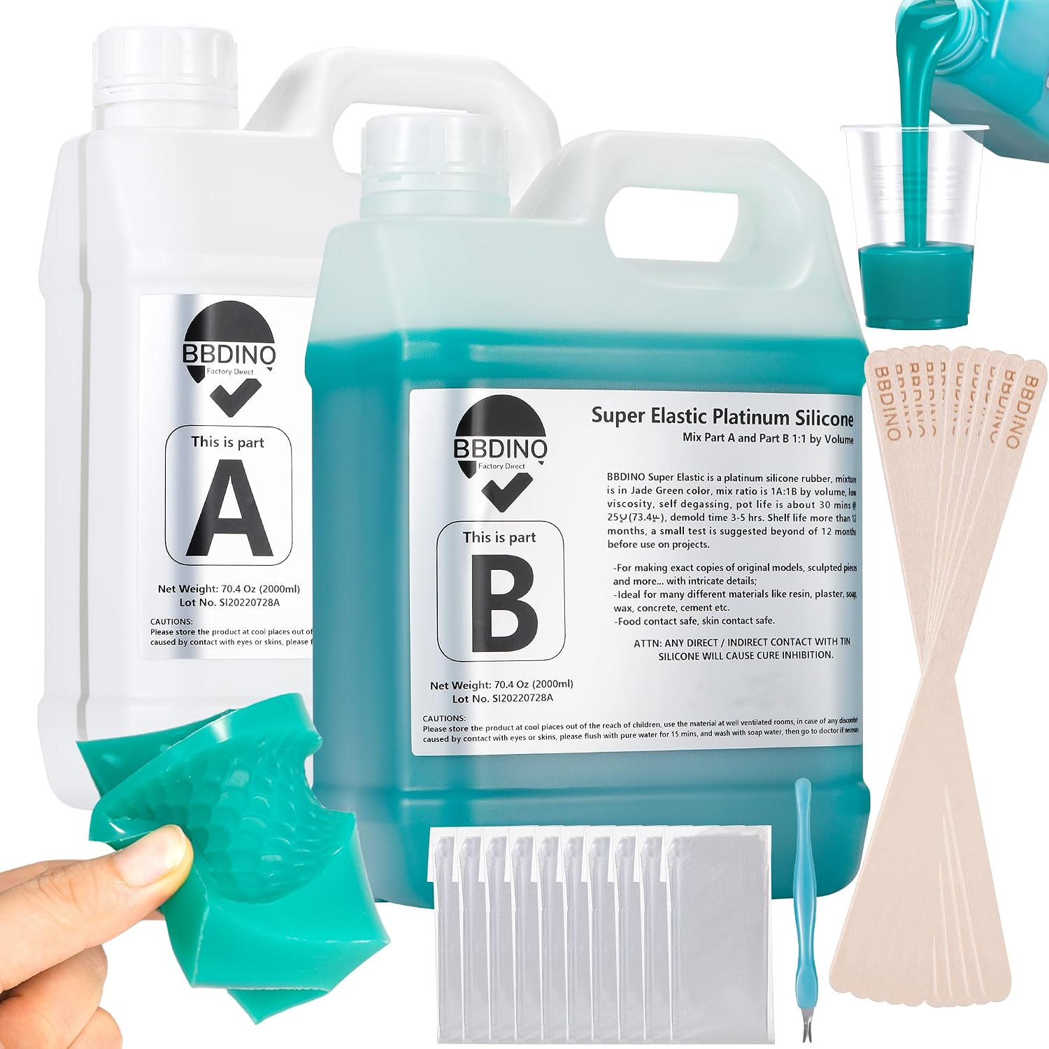 BBDINO Super Elastic Silicone Mold Making Kit 8A Jade Green 1Gallon/140.8Oz | Platinum Grade Flexible Silicone 1A:1B Mixing Self Degassing 3h Quick Cure Ideal for Casting 3D Resin Molds & Silicone Molds