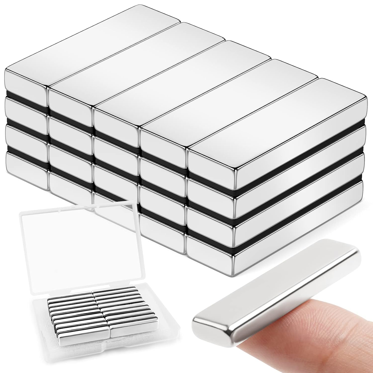 FINDMAG 20Pcs Strong Neodymium Bar Magnets, Rare Earth Fridge and Whiteboard Magnets for Crafts, Kitchen, DIY, Office, Locker, Iron Shelf - 40 x 10 x 5 mm