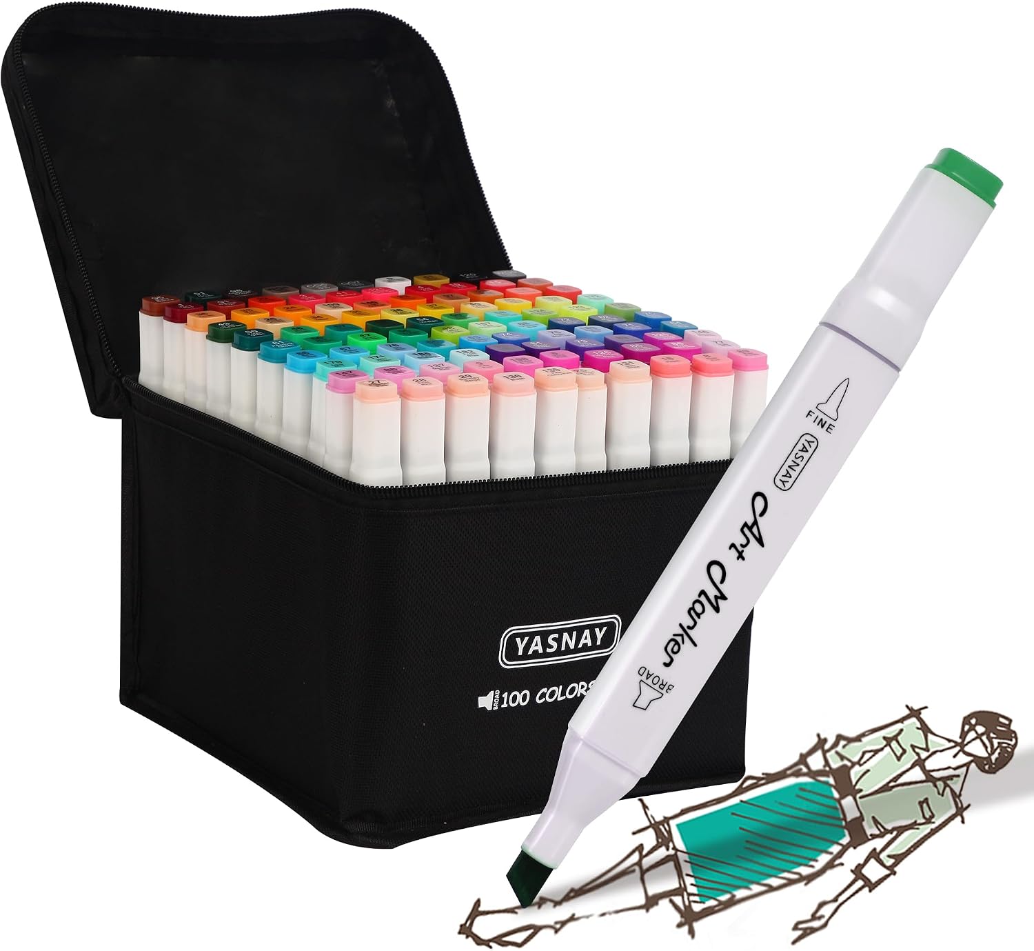 YASNAY Alcohol Markers 100 Colors Dual Tip Fine & Chisel Art Markers Set