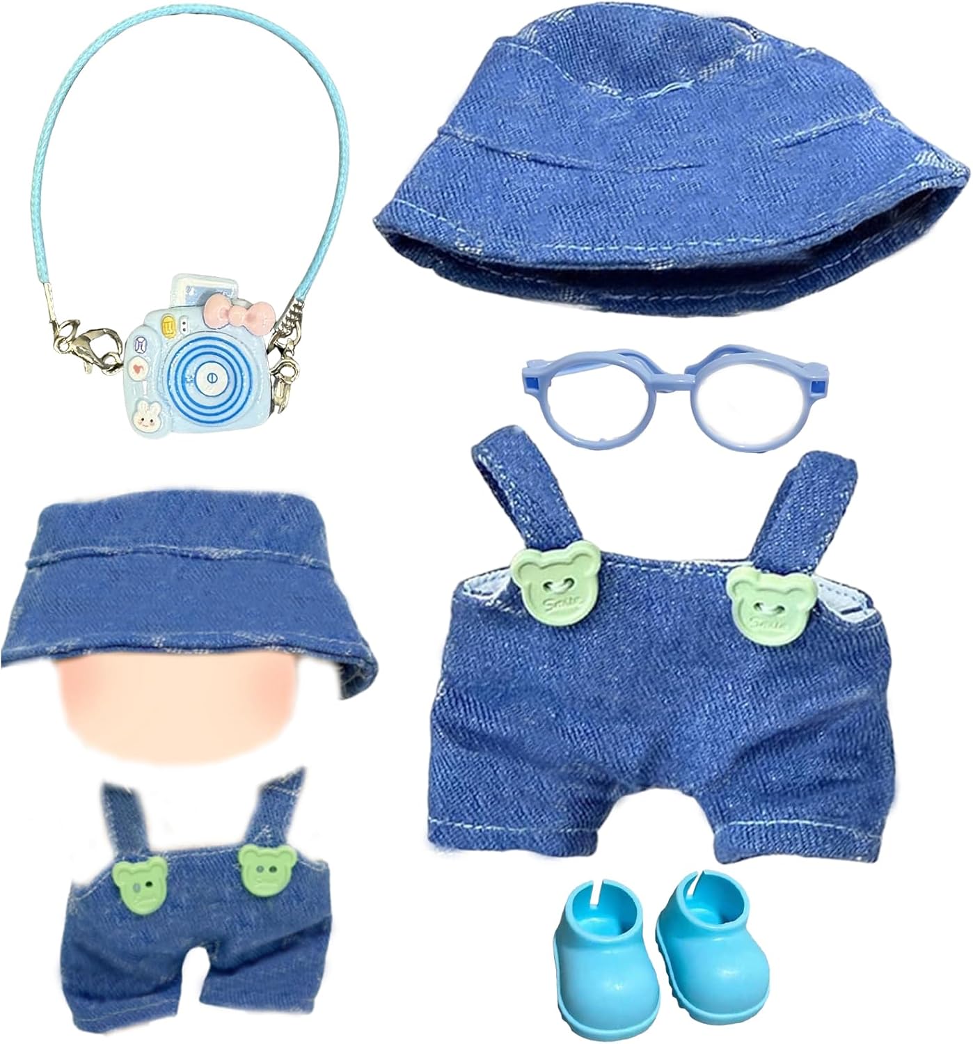 Doll Clothes, 5 Piece Set, Dress to Impress Outfit Accessories for All Dolls, Includes Hat Overalls Camera Shoes Glasses, for Boys Girls Birthday Party