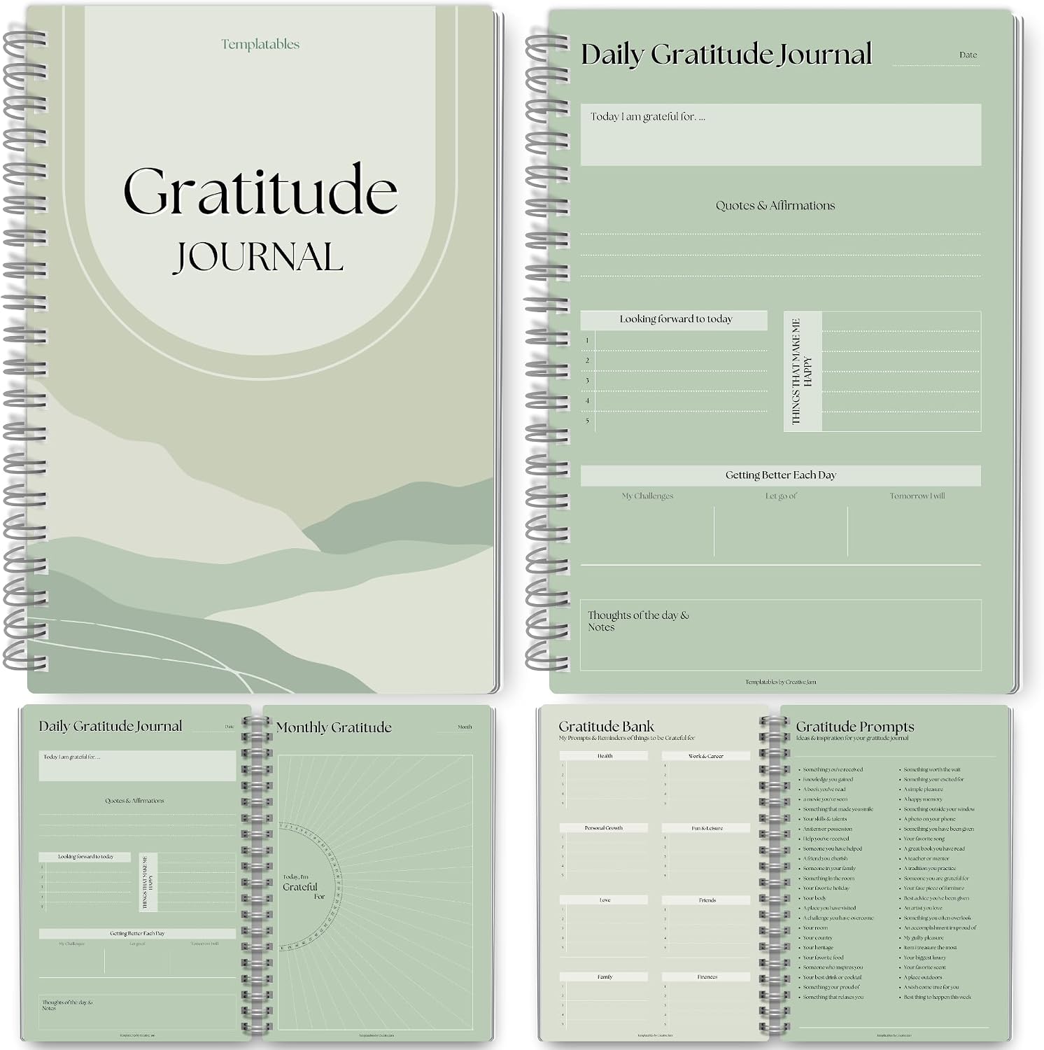 Templatables Gratitude & Mindfulness Journal | 90 Day Gratitude Template, Self Care Planner, Positivity Diary, Daily Journal, Gratitude Jar, Wellness, Manifestation Journal - A5 Green