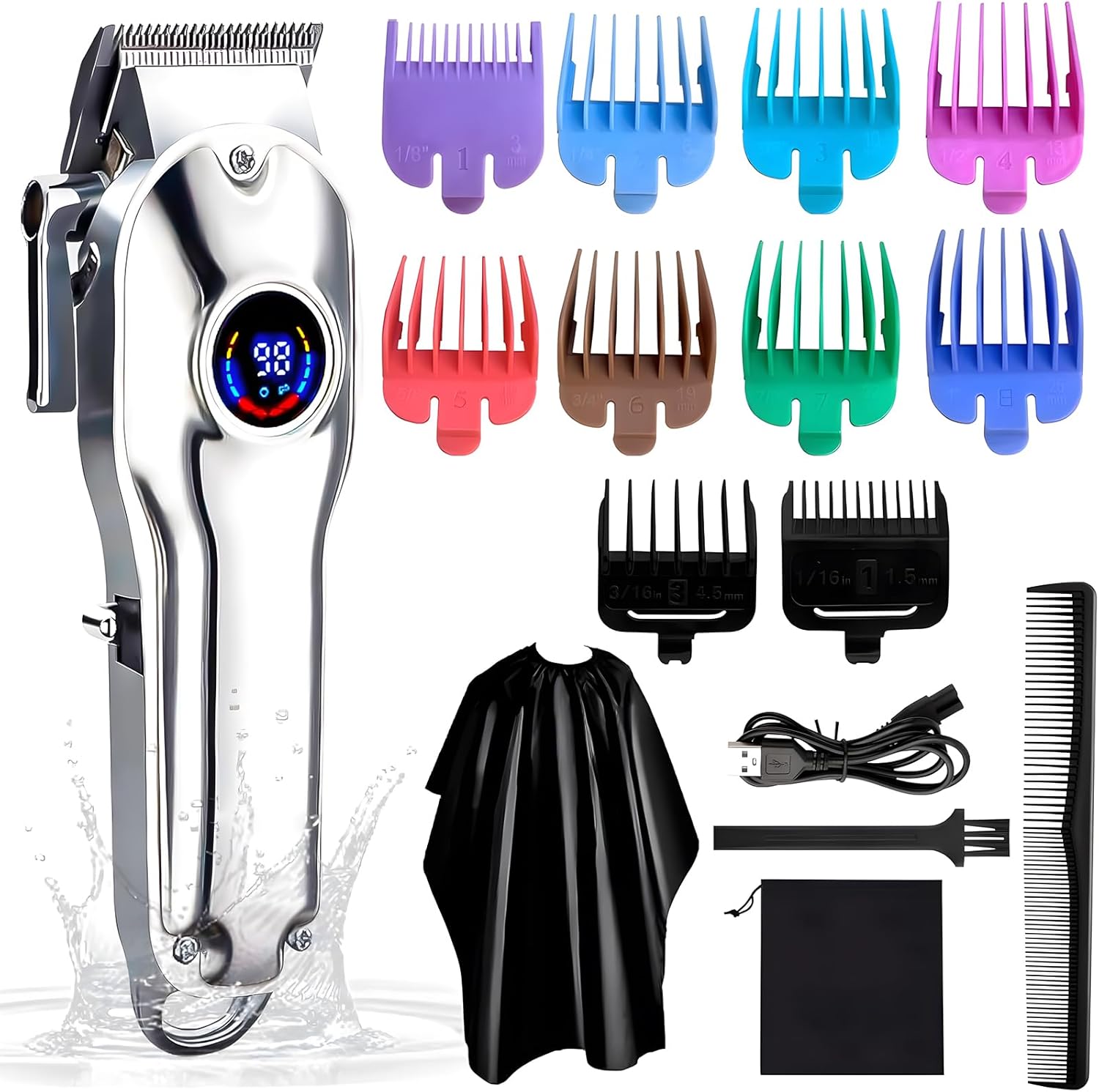 Men’s Barber Clippers Waterproof Cordless Hair Clipper & Shaver, Rechargeable Trimmer, Male Grooming Set, Colorful Guide Combs