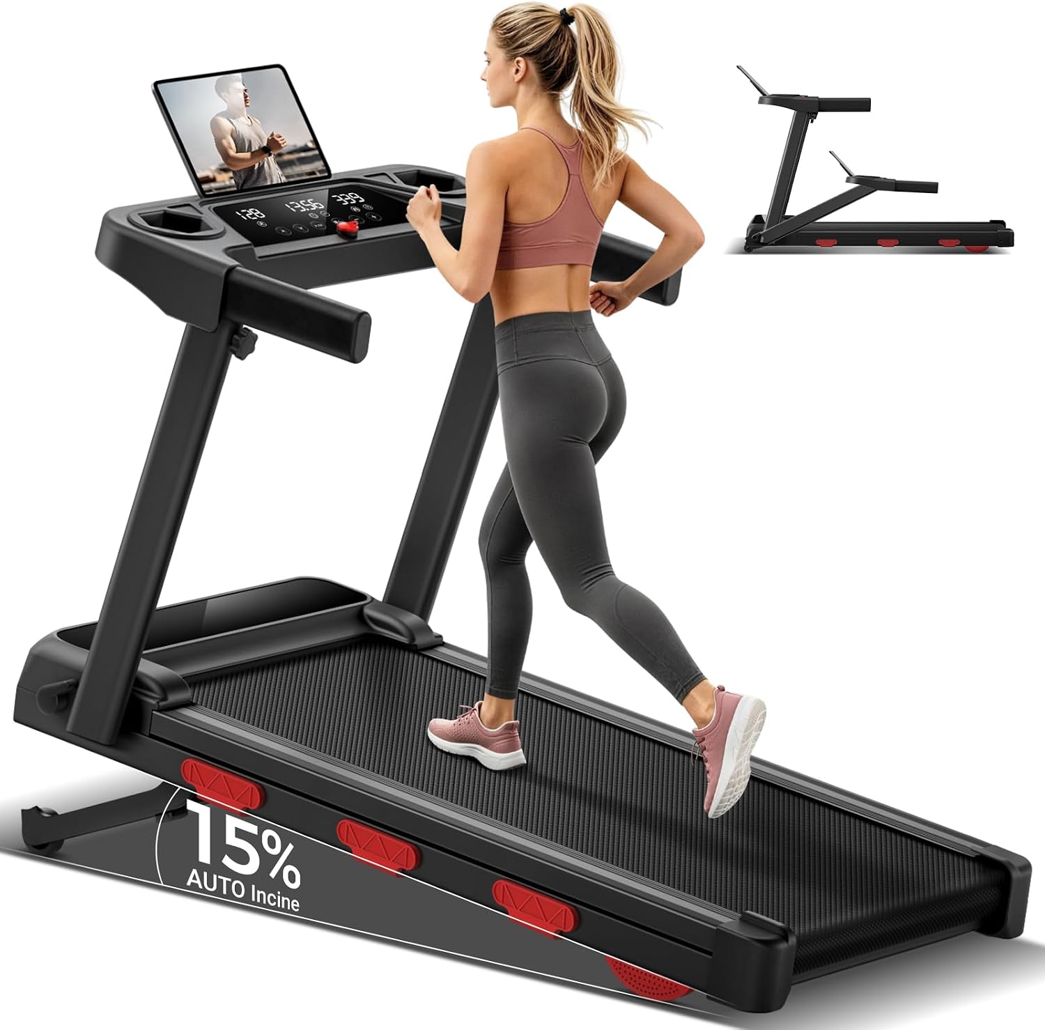 16% Incline Treadmills for Home, 3.0 HP Foldable Walking Pad 12KM/H | 3 Screen Display & 12 Programs, 180KG Capacity, <45dB Low Noise, Foldable Design, 90% Pre-assembled, Transport Wheel