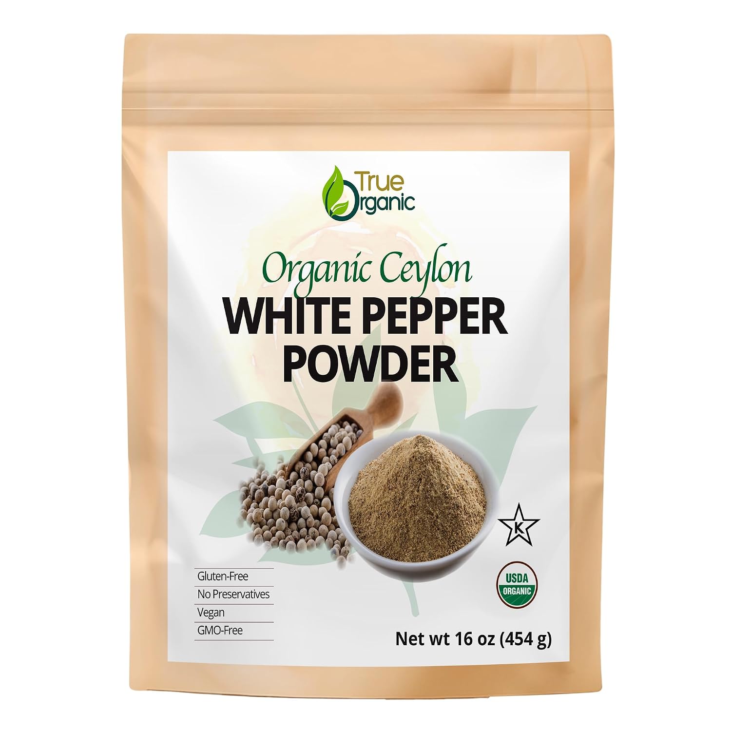True Organic White Peppercorns Powder, 16oz Organic White pepper, USDA Organic white Pepper, Organic White peppercorns, Ground White pepper, White Pepppercorns Ground 100% Pure white pepper.