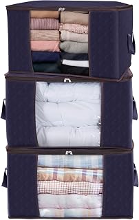 Lifewit Large Capacity Clothes Storage Bag Organizer with Reinforced Handle Thick Fabric for Comforters, Blankets, Bedding, Foldable with Sturdy Zipper, Clear Window, 3 Pack, 90L, Blue