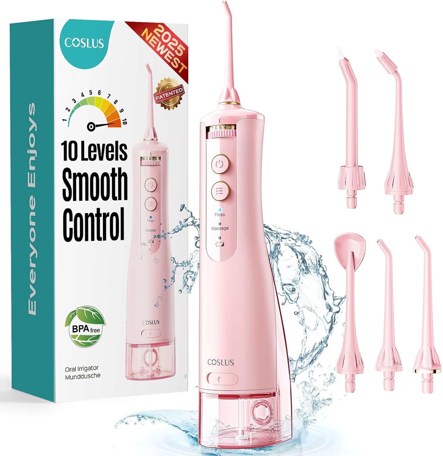COSLUS Cordless Water Flosser & Dental Pick for Teeth, Braces, Gums Care - Advanced 10 Pressure Settings for Multiple Users, Rechargeable, Portable for Travel, BPA-Free, Pink, E40(WFP14)