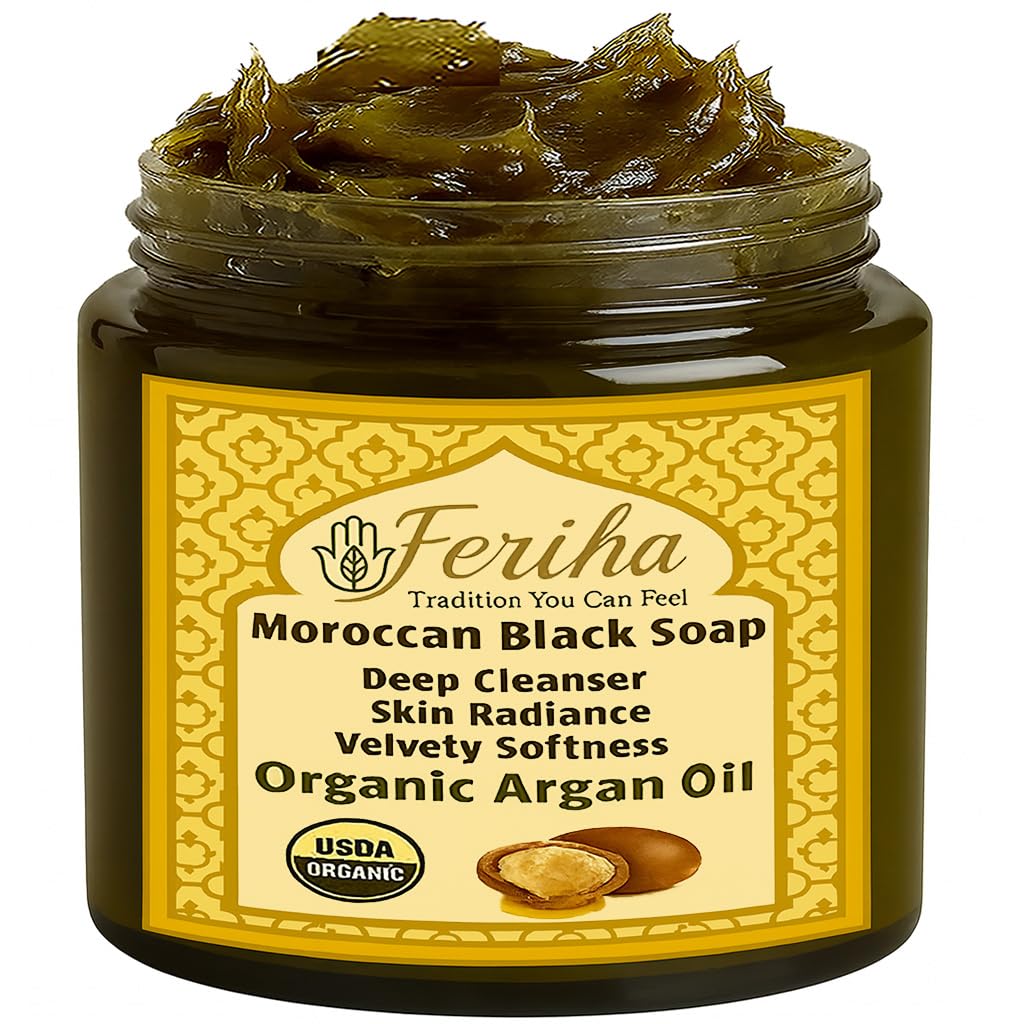 FERIHA Premium Moroccan Black Soap with Organic Argan Oil, 100% Authentic, Artisan Beldi Soap - Sourced, Crafted & Packed in Morocco - Traditional Hammam Formula