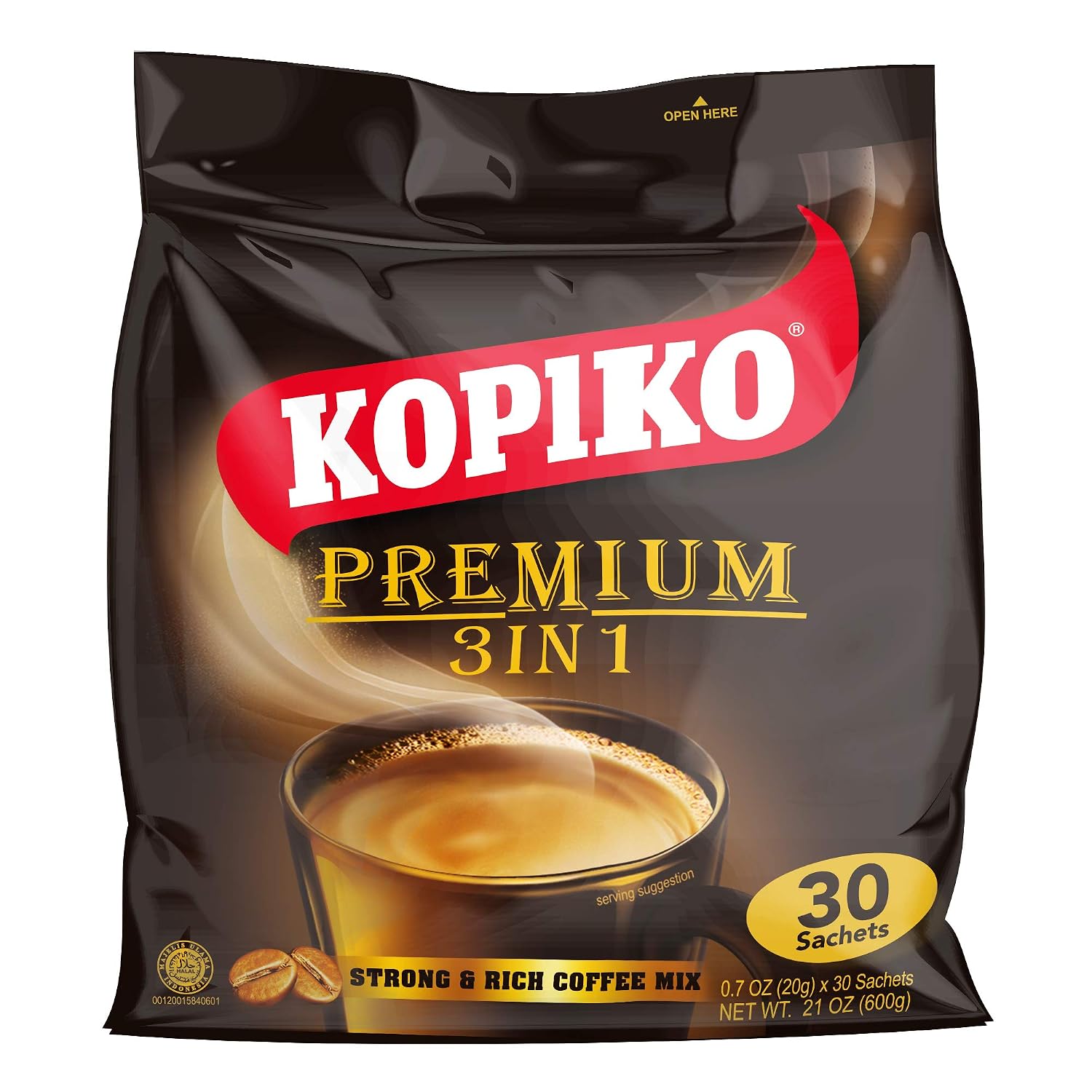 KOPIKO Premium 3 in 1 Instant Coffee Mix – Authentic Indonesian Volcanic Coffee, Strong Yet Smooth, Pre-Mixed with Creamer & Sugar (21.2 OZ in 30 Coffee Sachets)