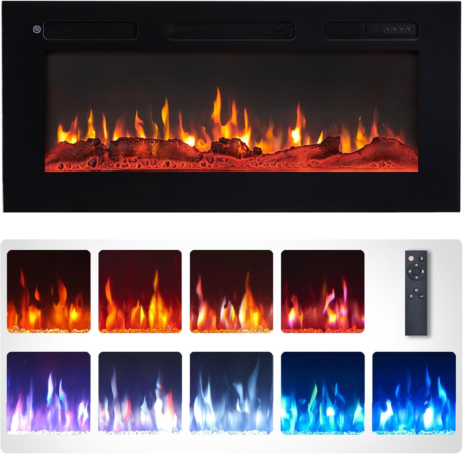 FLAMEKO 36" Media Wall Electric Fire, Wall Mounted Fireplace, Wilton Black