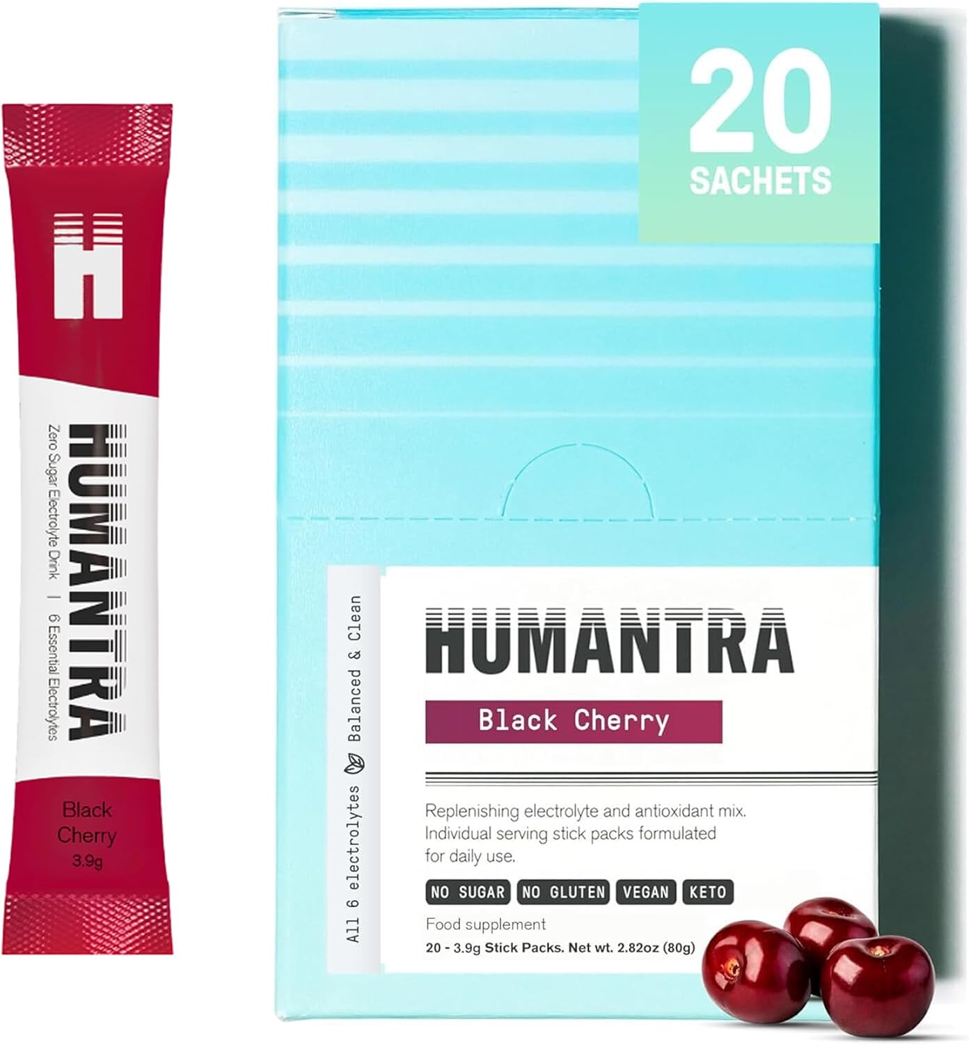 Humantra Electrolytes Powder - Black Cherry Flavor, 20ct - Powdered Hydration Sachets - Plant-Based Electrolyte Powder with 6 Electrolytes - Vegan, Sugar Free, Gluten Free