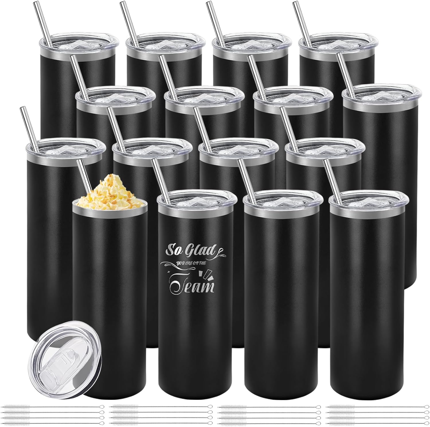 YOUKE OLA 16 Pack Stainless Steel Skinny Tumblers Bulk Straight Double Wall Powder Coated Insulated Tumbler with Lid and Straw for Laser Engrave, DIY Gift, 20oz Black