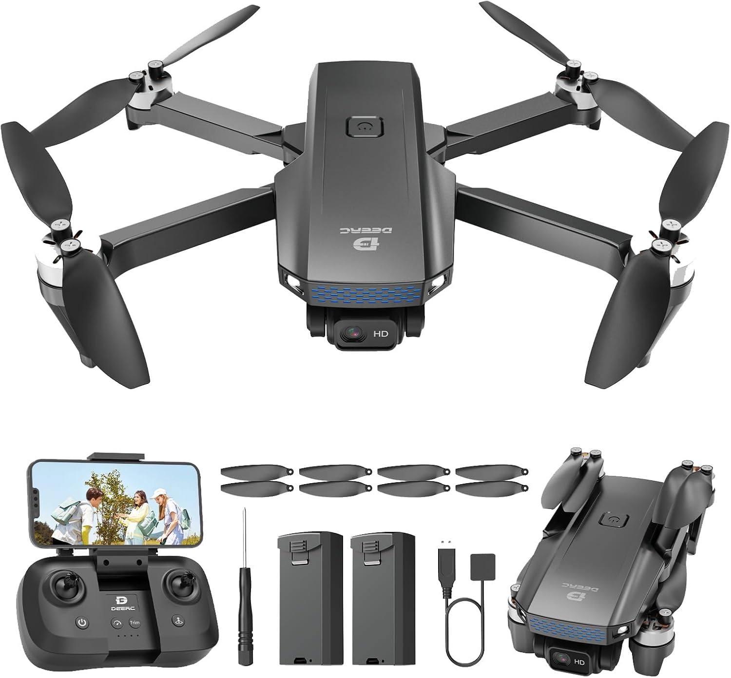 DEERC Drone with Camera 1080P, D20S FPV Mini Drones for Kids Adults Beginner; Foldable RC Quadcopter with Brushless Motor, 2 Batteries, Altitude Hold, Optical Flow, 3D Flips, Toy Gifts for Boys Girls