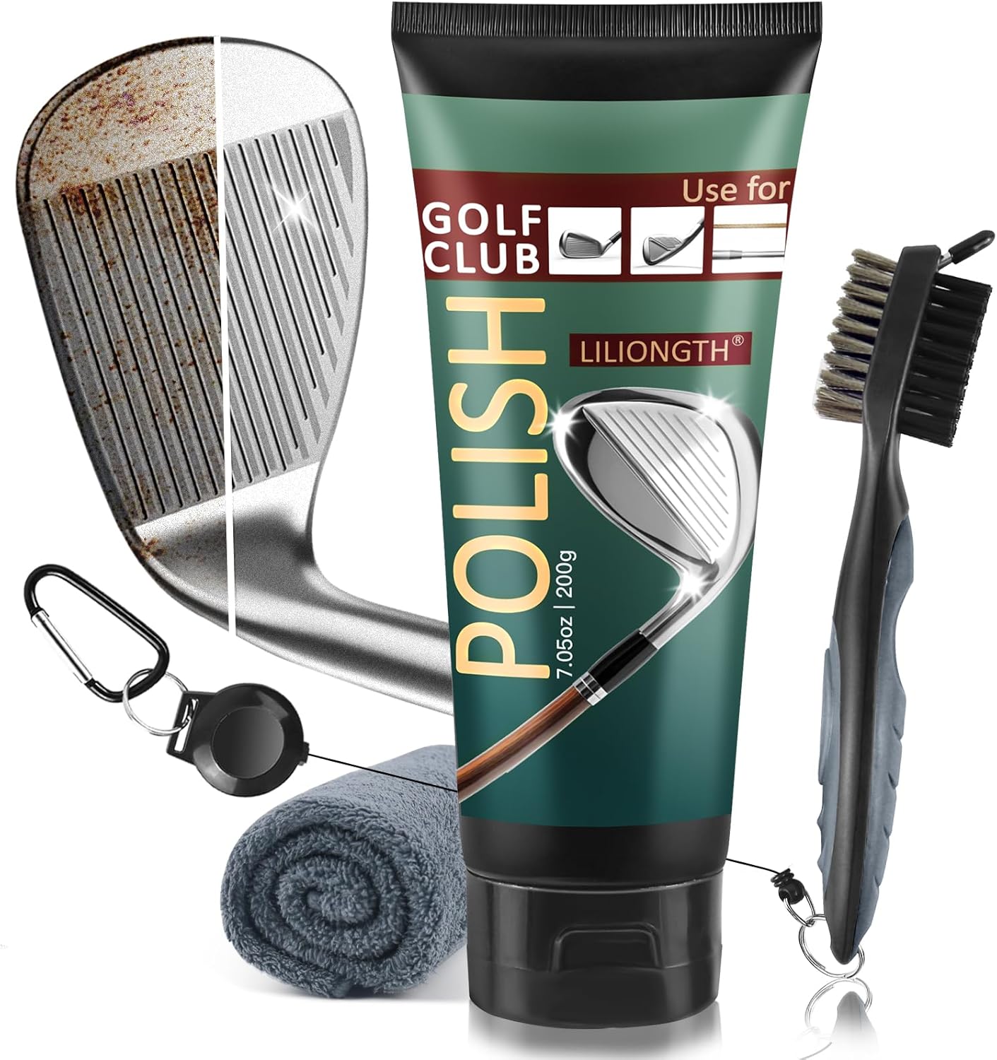 LILIONGTH Golf Club Cleaning Kit 3-in-1 with Golf Club Cleaner Brush, Towel and 200g Golf Club Polish - Golf Club Care Kit for Instant Groove Rust & Scratch Remover - Golf Accessories for Men