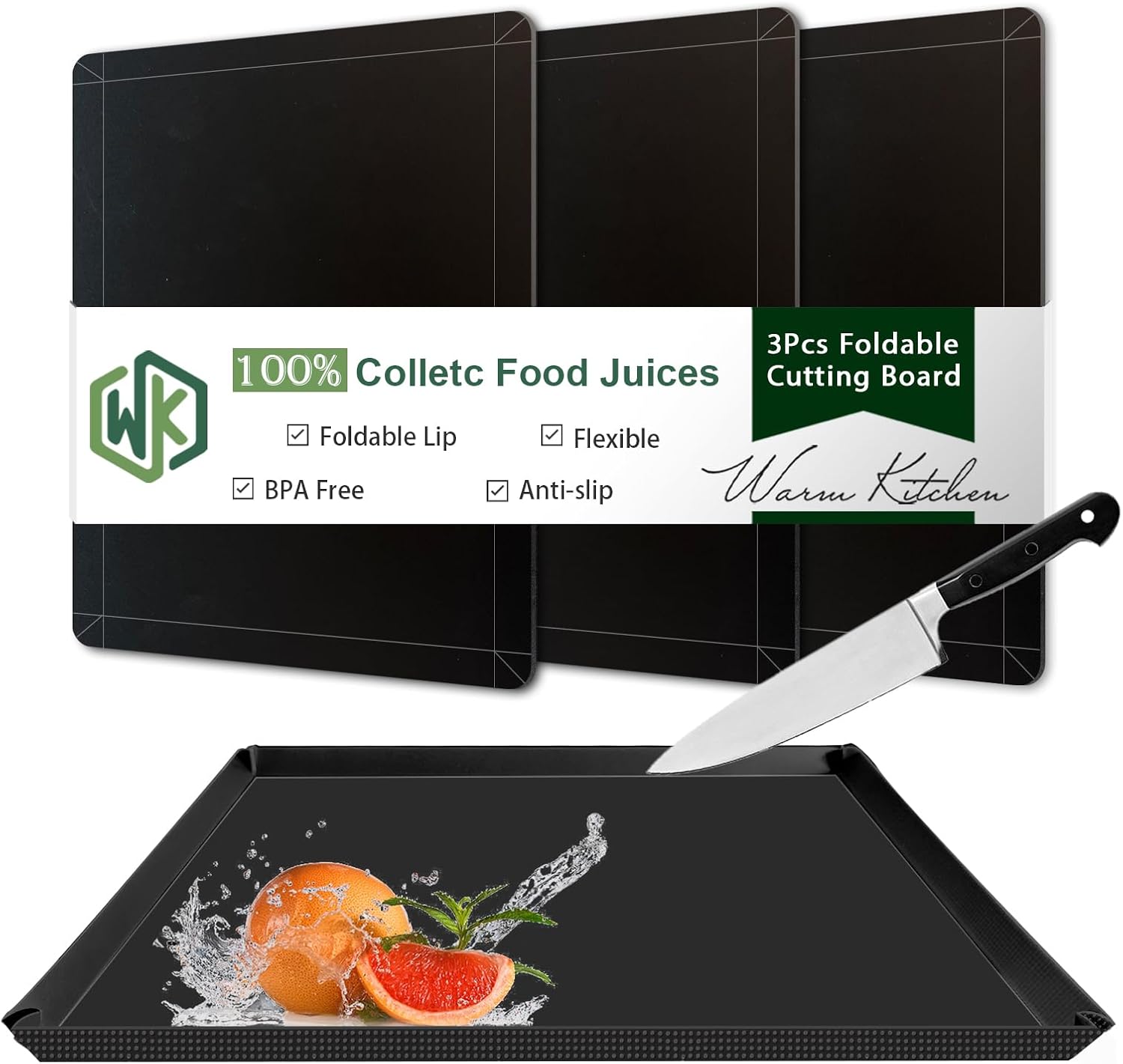 WK Flexible Plastic Cutting Boards Mats with Lip, Foldable Cutting Board for Kitchen Set of 3, Black Cutting Boards for Meat, Nonslip Cutting Mats Sheets, BPA Free, Dishwasher Safe