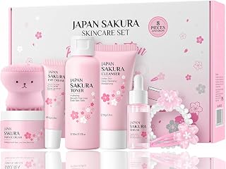 Skin Care Set for Women Girls, Cherry Blossoms Beauty Gift Sets for Intense Hydration, Face Skin Care Kit with Cleanser, Toner, Serum, Eye Cream, Face Cream - 8Pcs Skin Care Routine Kit