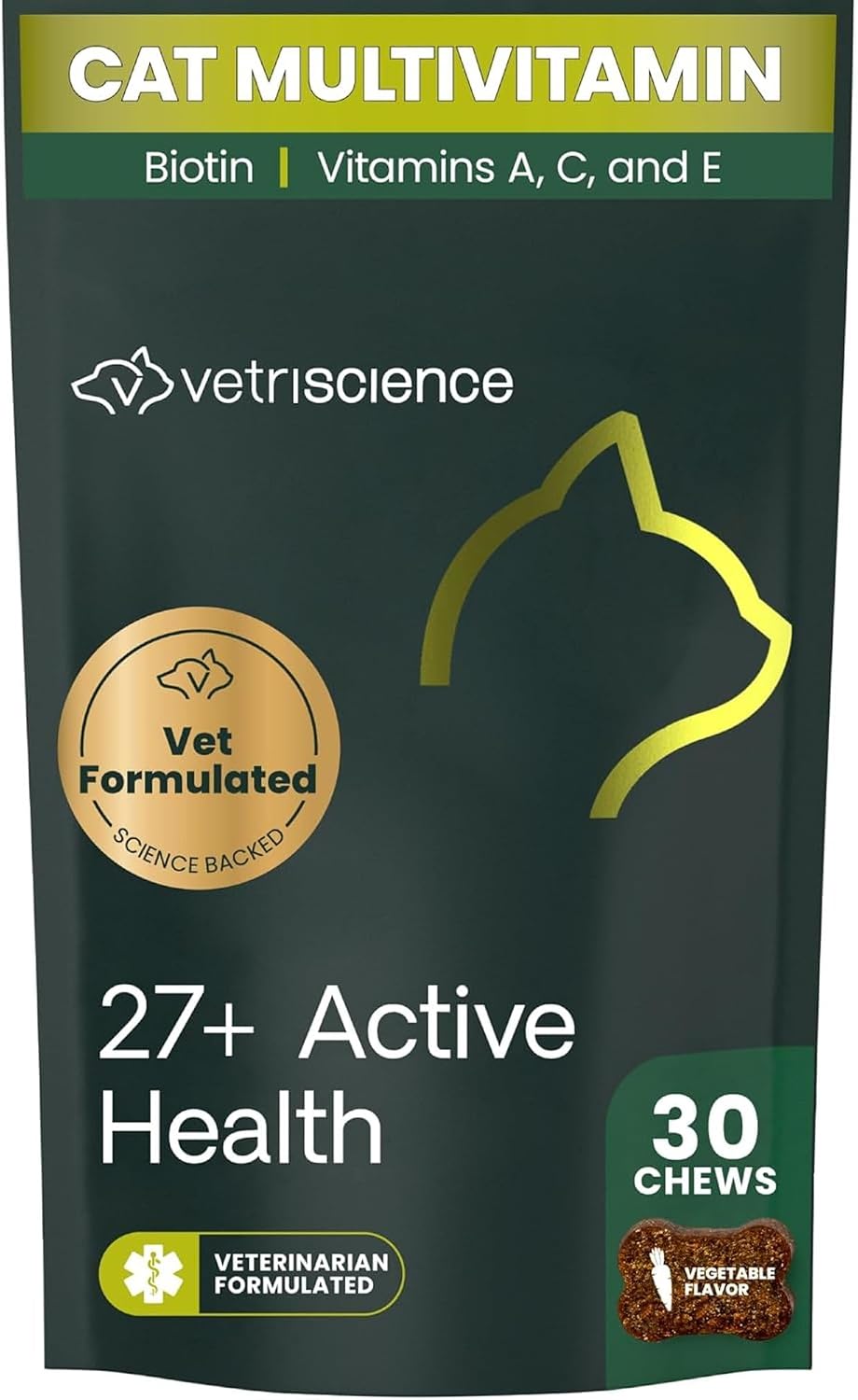 VetriScience 27+ Active Health Cat Vitamin Chews, Vet-Formulated Daily Multivitamin for Cats & Kittens, 27+ Nutrients, Skin & Coat, Immune & Joint Support, Fish Flavor, 30 Count