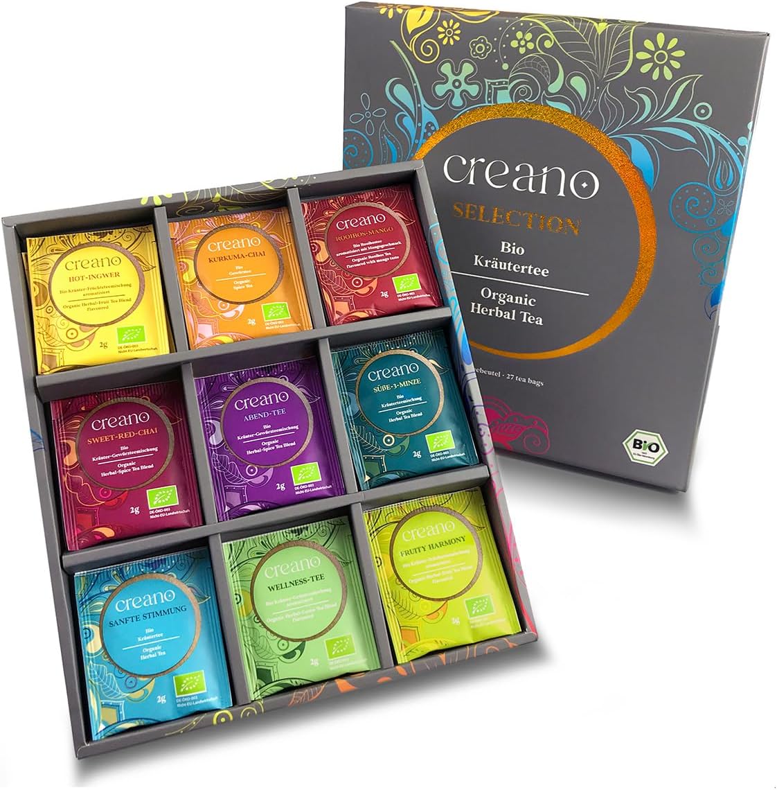 Creano Organic Herbal Tea Box – Selection of 9 Unique Organic Infusions – Premium Herbal & Fruit Tea Bags 27 Bags – Healthy & Natural Wellness Gift*